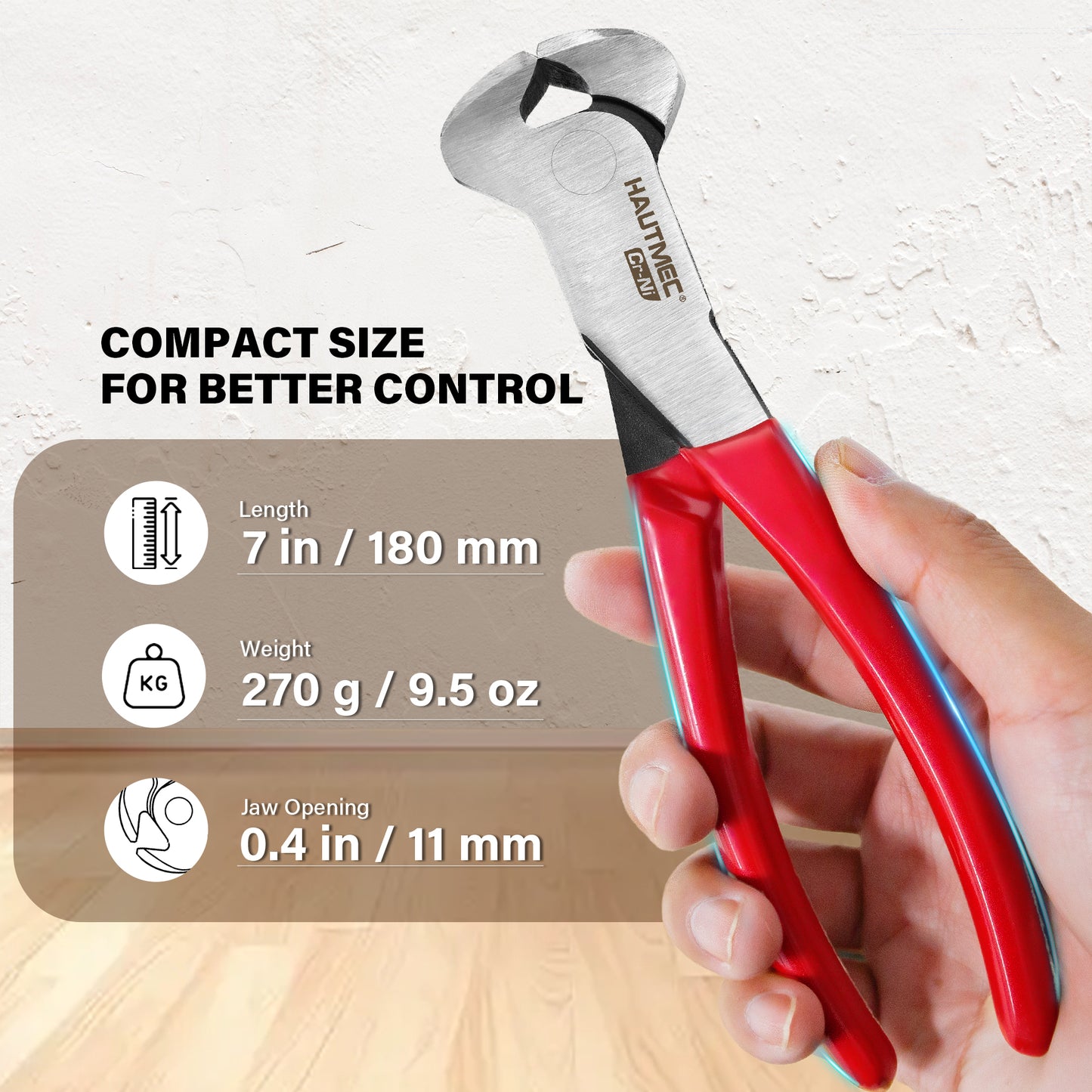 HAUTMEC 7 Inch Nail Puller Pliers Tool, CR-Ni Steel End Cutting Pliers with Non-Slip Grip, Nail Remover Tool with Polished Finish, End Cutting Nippers Tool for Pulling Nails and Wires HT0158-CP