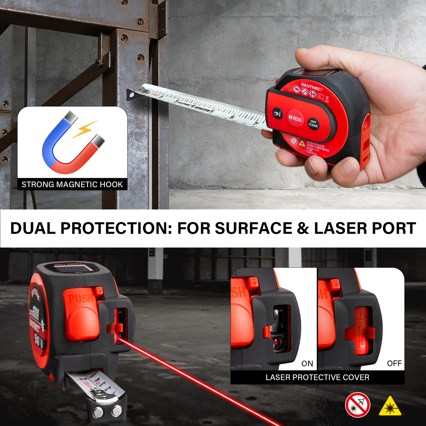 HAUTMEC 2 in 1 Digital Laser Tape Measure, 197ft/60m Digital Measuring Tape & 16ft/5m Auto Lock Tape Measure, Support to Pythagorean, Area, Volume Rechargeable, for Construction 25048