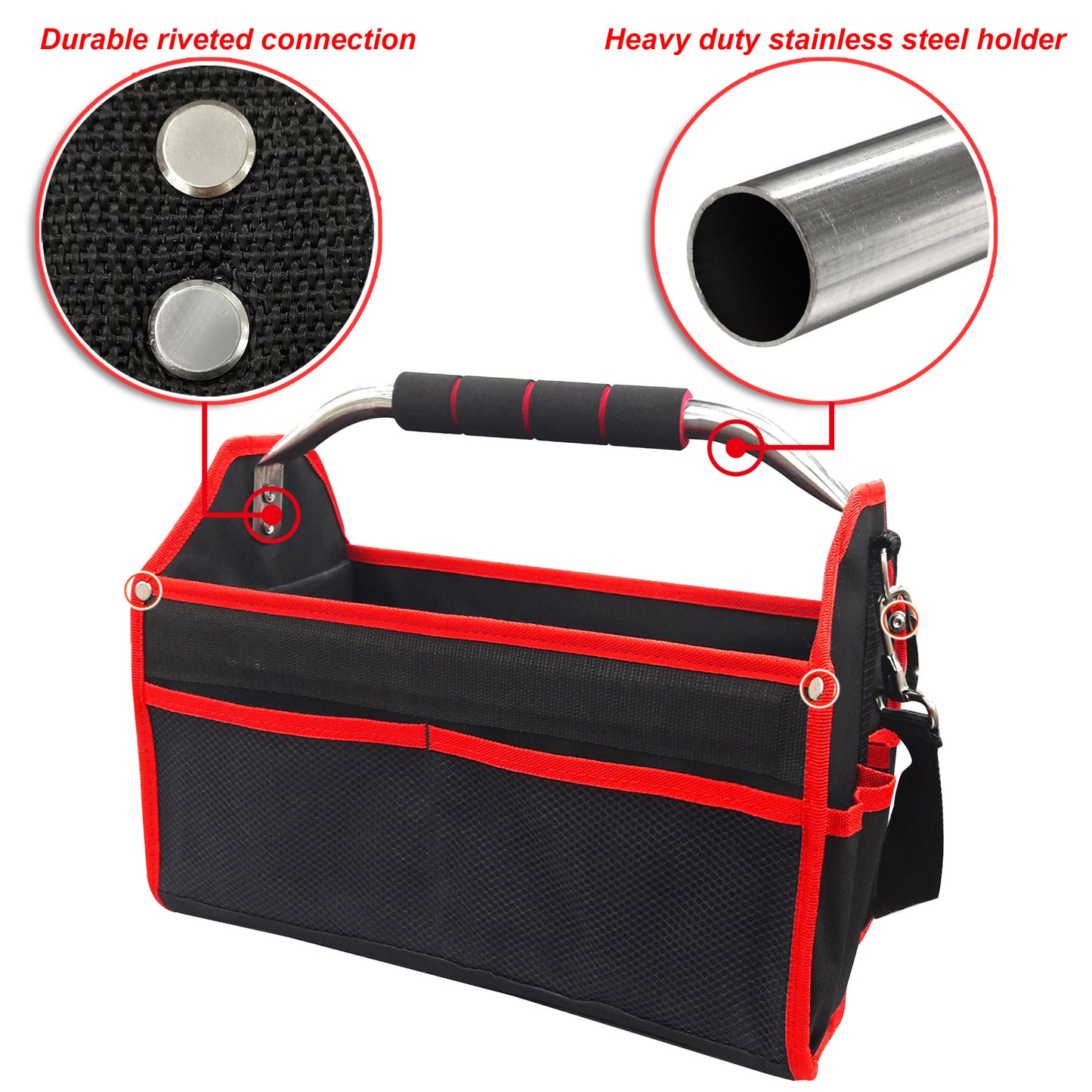 HAUTMEC 16-Inch Open Top Tool Tote Bag 16 Pockets, Foldable Design Tool Carrier With Adjustable Shoulder Strap, TB0002