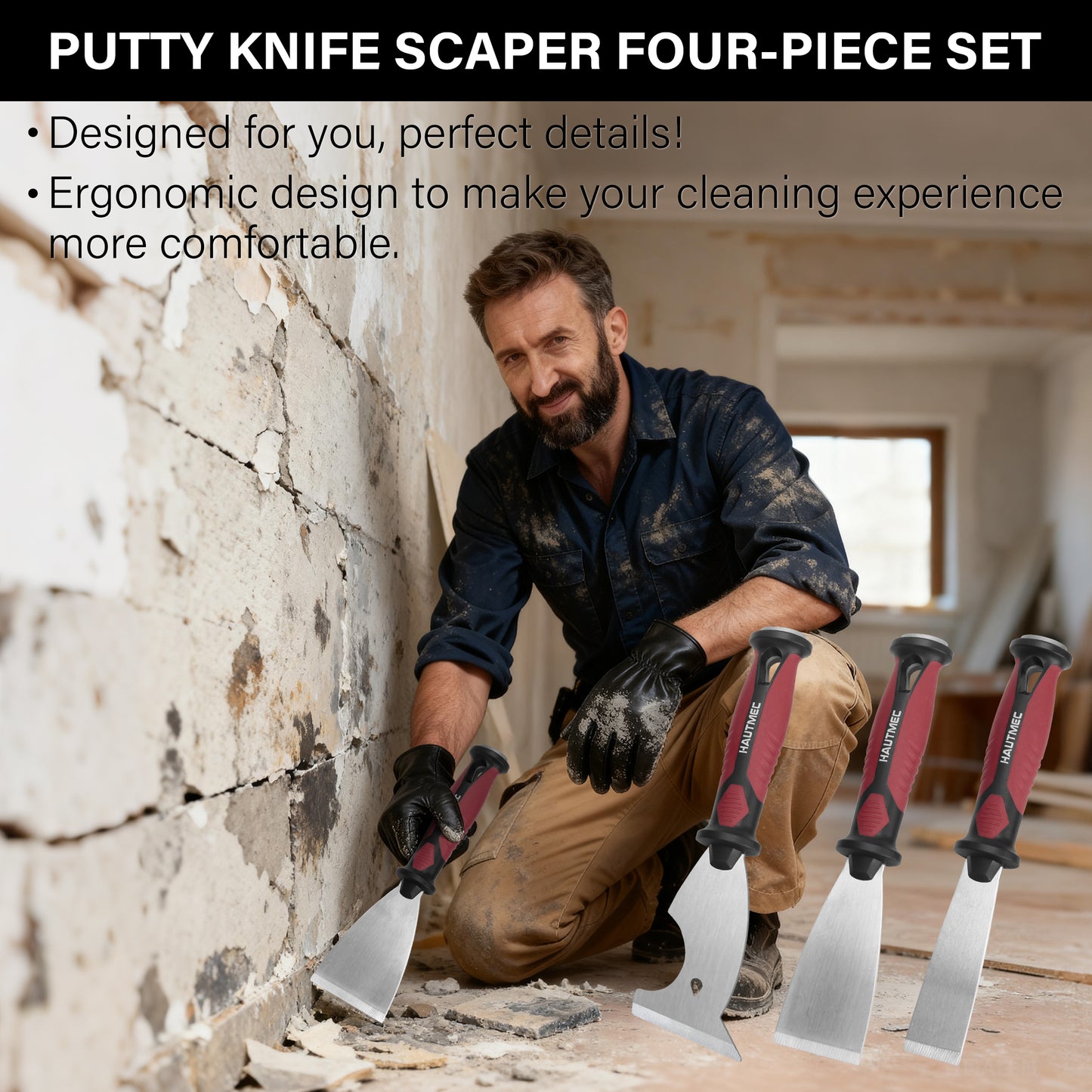 HAUTMEC Putty Knife 4 PC Set, 1.25",2",3" Paint Scraper & 3" 8-in-1 Paint Stripper, Heavy Duty Stainless Steel Blade and Hammer End for Removing Wallpaper, Plaster, Cement HTPSH25060
