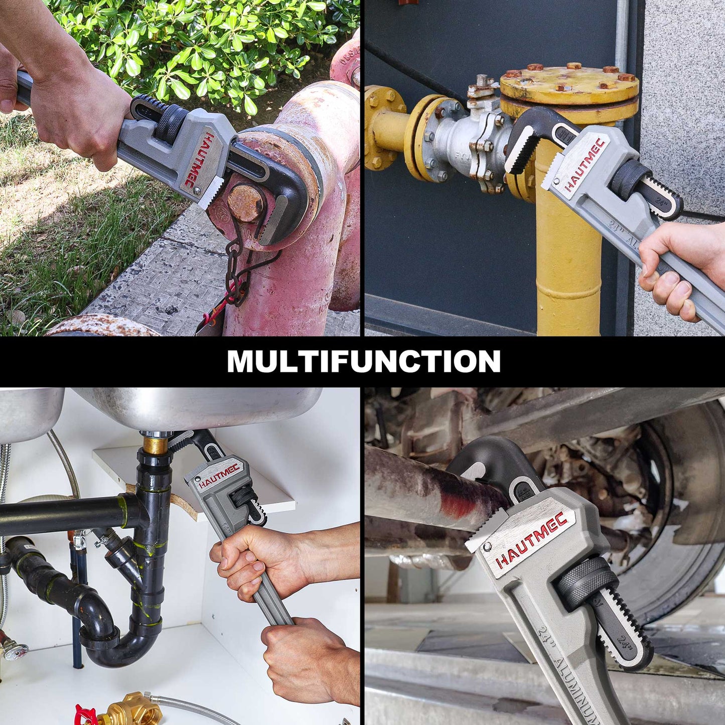 HAUTMEC 24 Inch Heavy Duty Aluminum Straight Pipe Wrench, Adjustable Plumbing Wrench, 3" Jaw Capacity, for Pipes, Tees, Ball Valves and Other Objects HT0187-PW