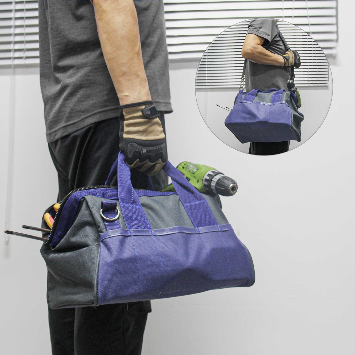 HAUTMEC Sturdy Waterproof Tool Bag 12 Inch, Multi-pocket Folding Tote Bag, Strengthened Base HT0074-TB