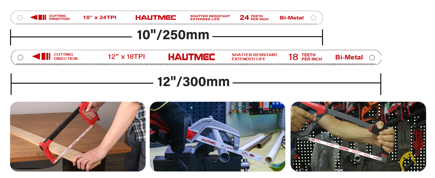 HAUTMEC 12" Hacksaw Blades Replacement Bi-Metal(10 Pack) 24 TPI High Speed Steel Grounded Teeth HT0017-CT