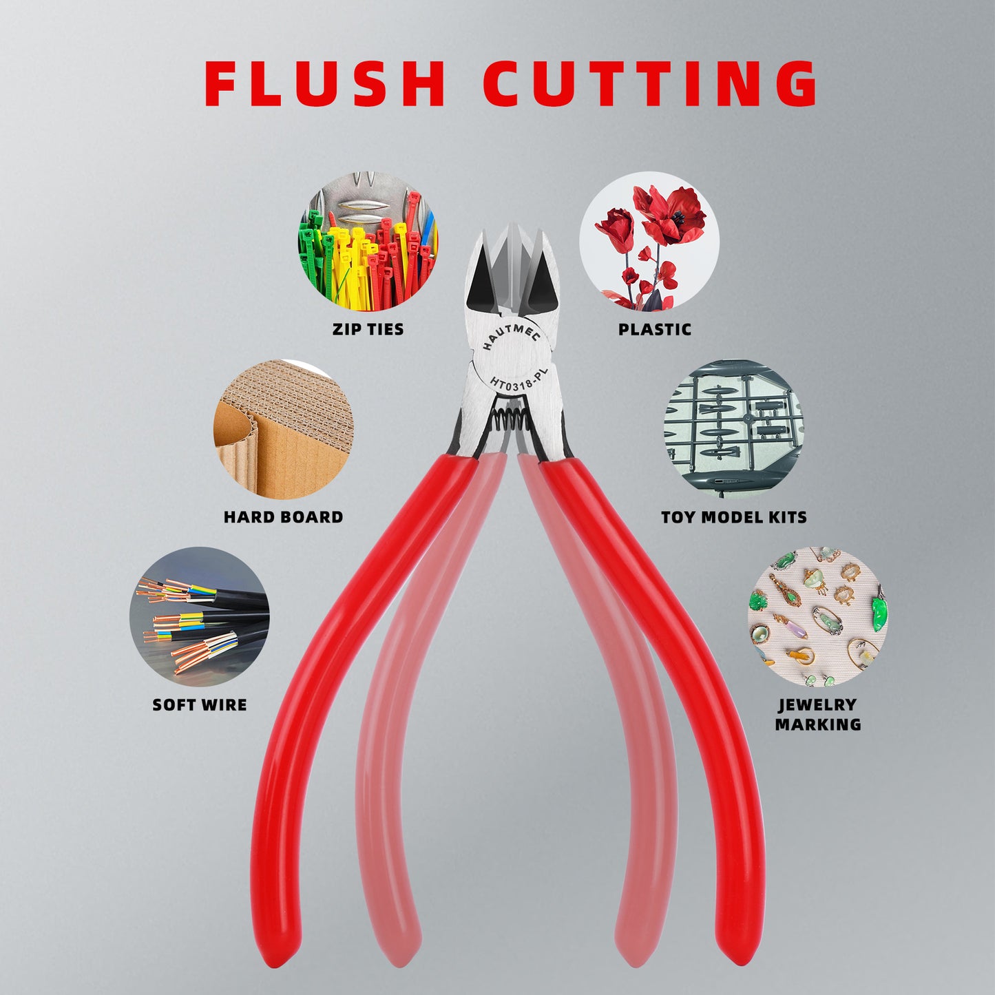 HAUTMEC 6" Flush Cut Pliers Ultra Sharp Wire Cutters with Spring Loaded and Non-slip Grip, Ideal Wire Snips for Plastic, Soft Wire, Toy Model Kits, Jewelry Marking, Zip Ties, Hard Board HT0318
