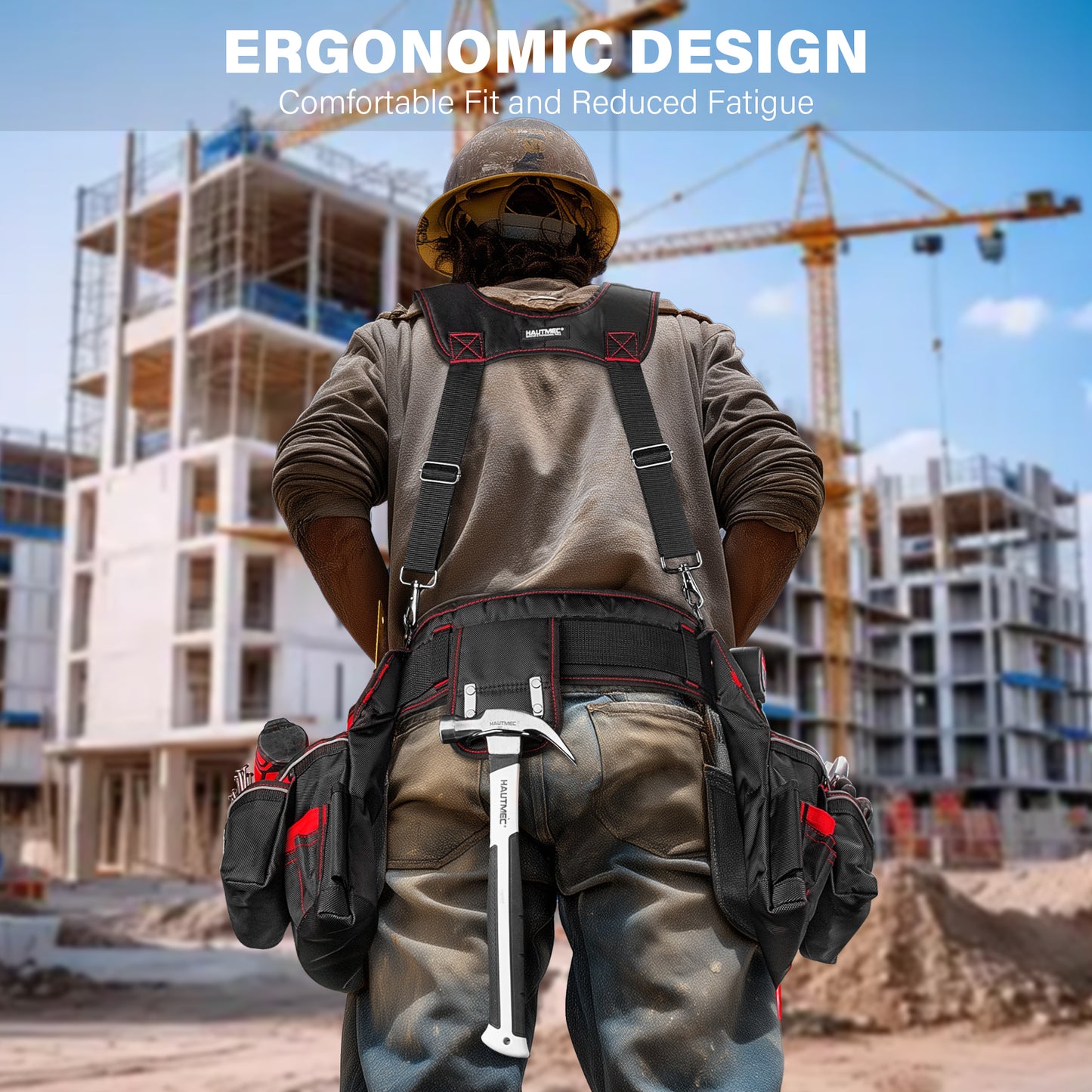 HAUTMEC Professional Tool Belt with Suspenders, 19 Pockets, Heavy-Duty 1680D Work Belt with Adjustable Padded Waist & Shoulder Support, Phone Pouch, Hammer & Tape Holder – HT0400