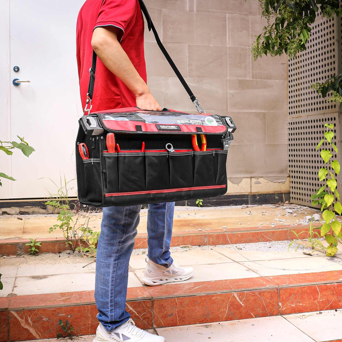 HAUTMEC 20-Inch Pro Tool Tote,Heavy Duty Wide Mouth Open Top Tool Bag with 1000D Waterproof Cover and Ajustable Shoulder Strap for Tool Organizer HT0296