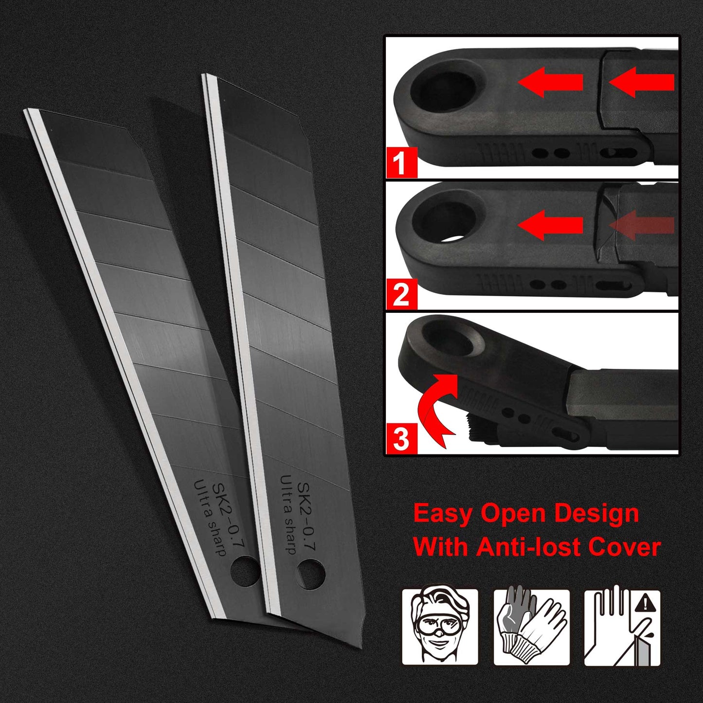 HAUTMEC 20PCS 18mm Triple Cutting-edge Snap Off Blades, Retractable Black Replacement Blades, SK2 Utility Knife Blades, Strengthened Safety Box, for Box, Carpet, Rope HT0083-20PC