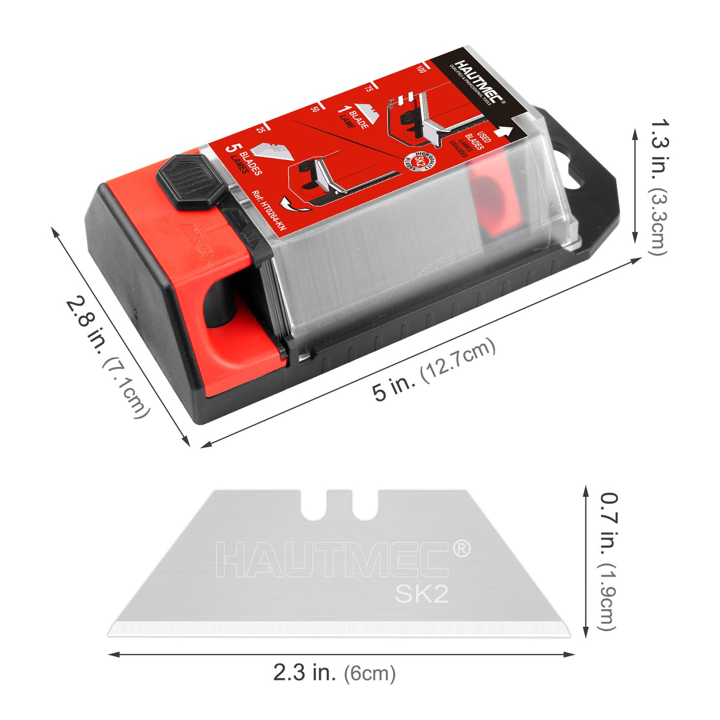 HAUTMEC 100 Pack Utility Knife Blades with Innovative Dispenser, SK2 Heavy Duty All-Purpose Blade Replacement, for Box, Carpet, Rope HT0264-KN