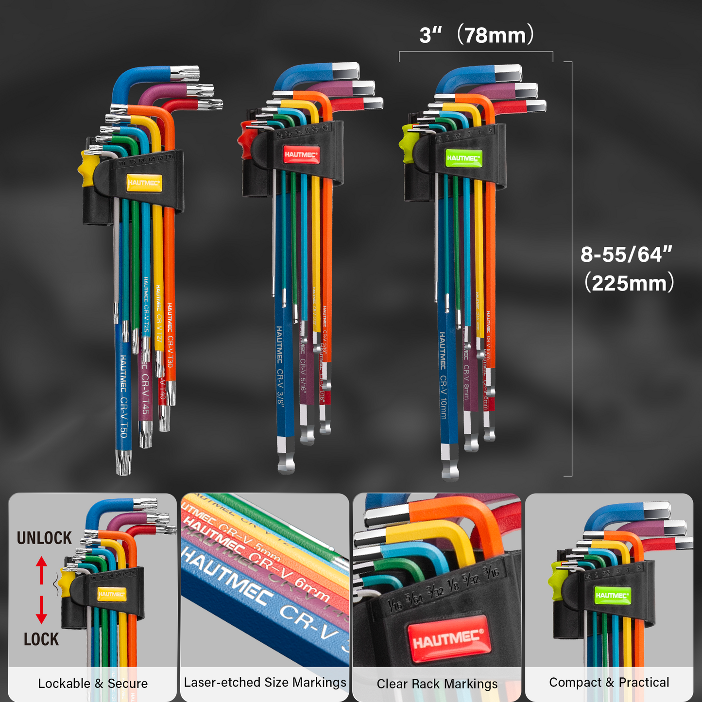 HAUTMEC 27PCS Long Allen Wrenches Sets with Ball End, SAE Metric Torx Allen Key Set with T-Handle Hex Key, 60CR-V Steel, Color Coded & Storage Bag,  SAE(1/16" to 3/8″),Metric(1.5-10mm),Torx (T10-T50) HTHKM25051