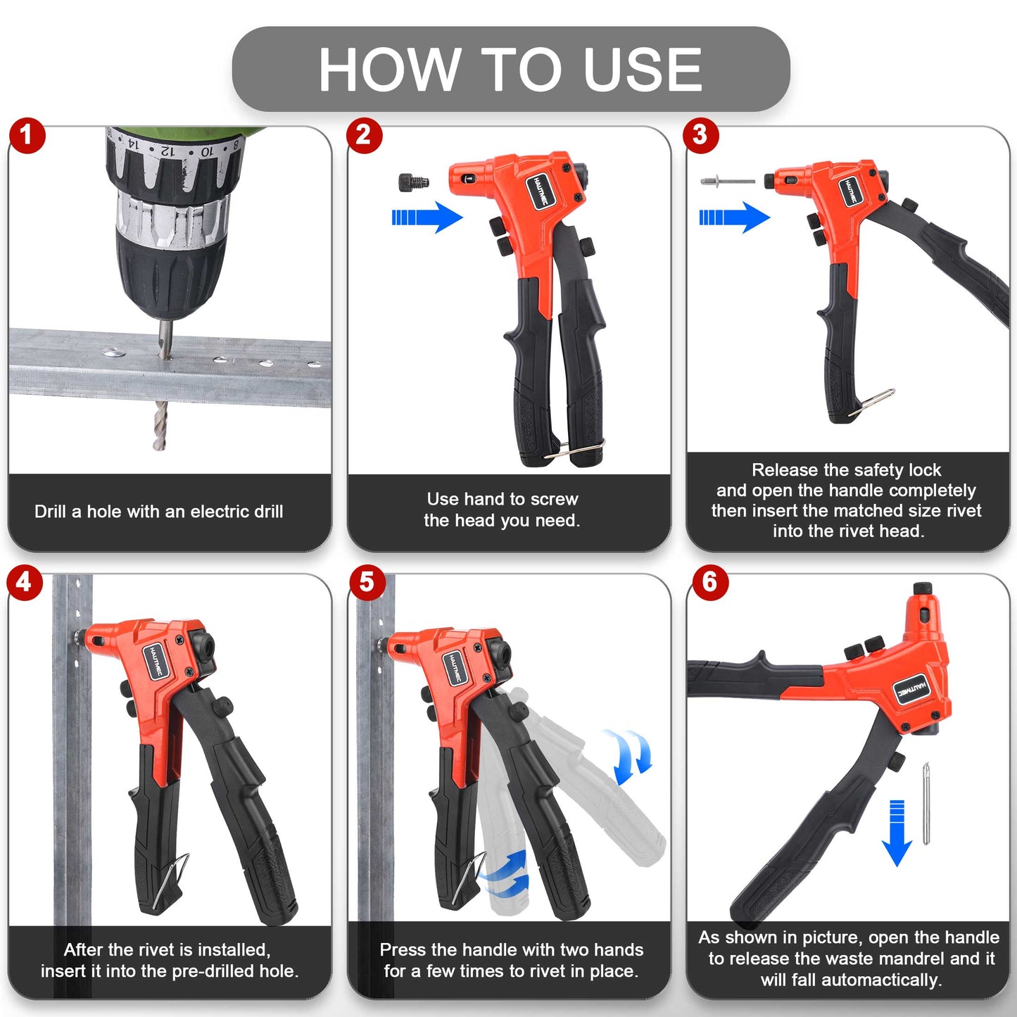 HAUTMEC Pop Rivet Gun,4 in 1 Hand Riveter with 4 Tool-Free Interchangeable Rivet Heads HT0087-HR