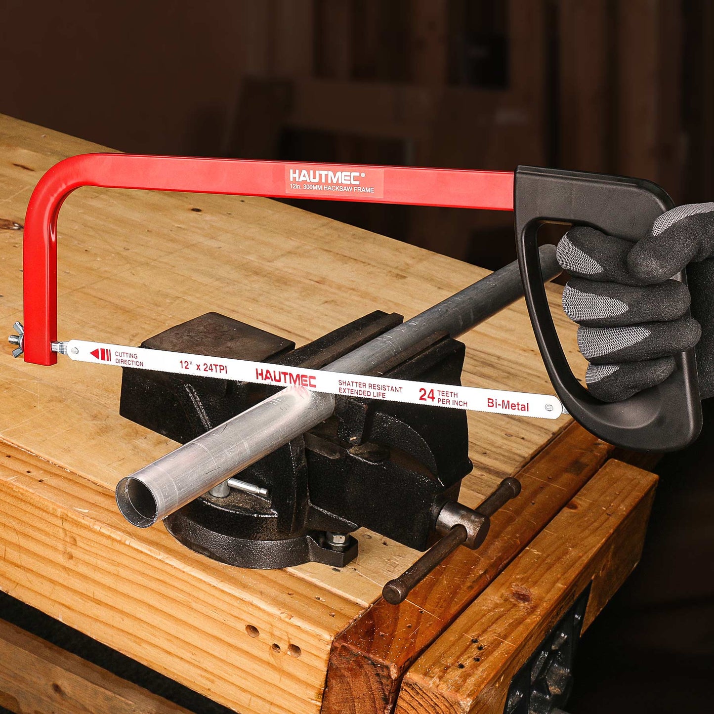 HAUTMEC 12 IN. High Tension Hacksaw Frame with 1 PCS 24 TPI Bi-Metal Blade, Hack Saw For Metal, Wood, Steel Pipe, PVC Cutting, HT0398