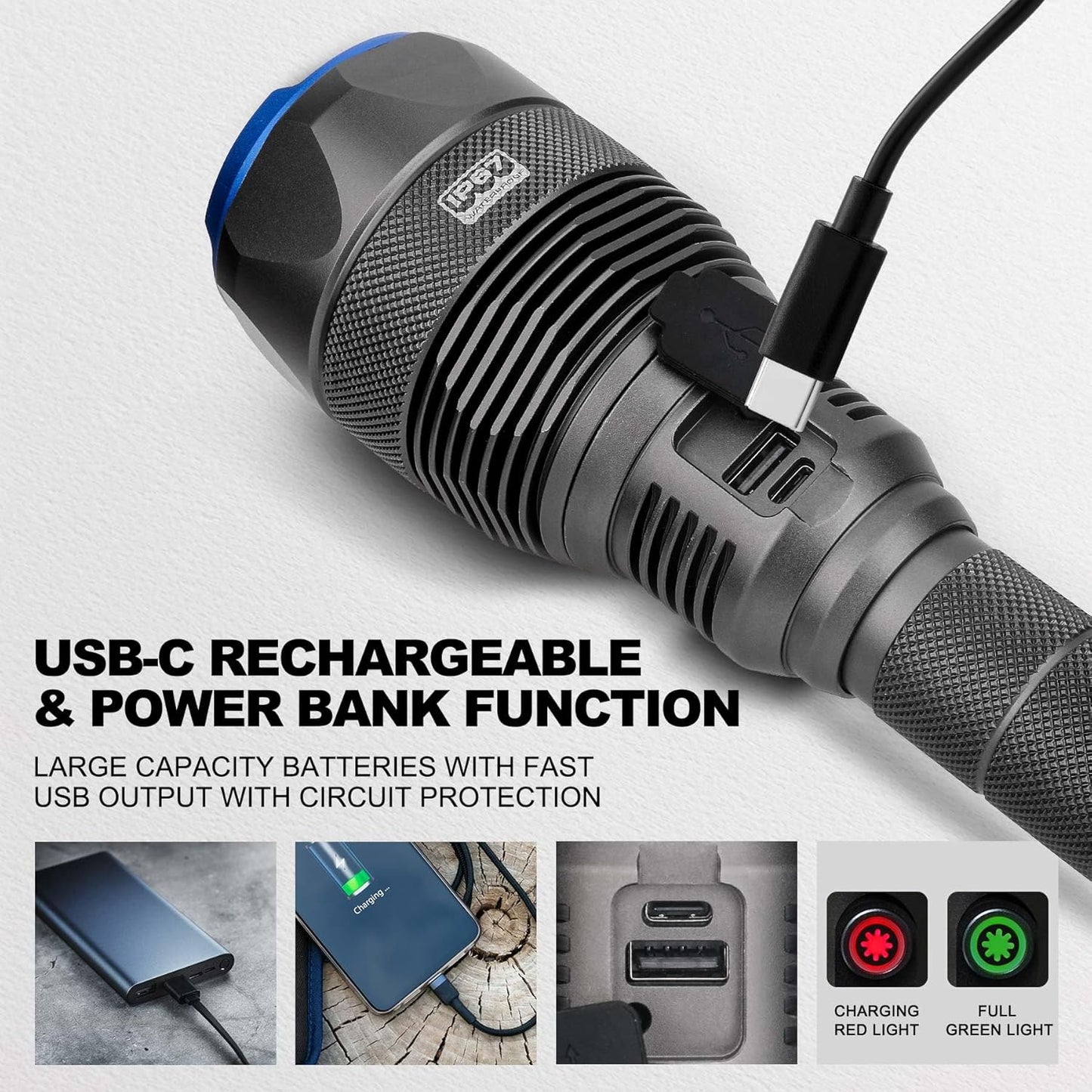 HAUTMEC Rechargeable Flashlights 12000 High Lumens Flashlight, 5 Light Modes Bright Flashlight, 2X Zoom, IP67 Waterproof & Impact-Resistant, and Power Bank, for Emergencies, Hunting, Camping, Hiking, HT0386