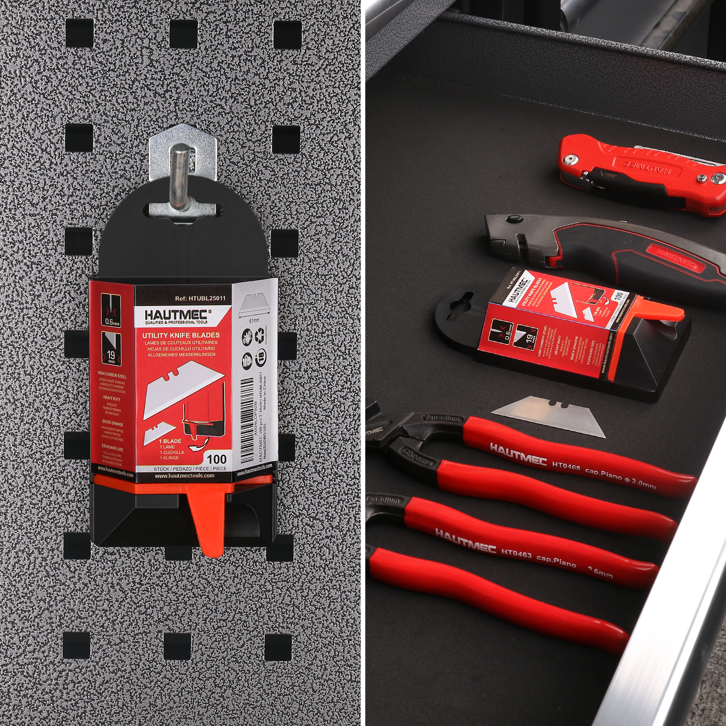 HAUTMEC 100 Pack Utility Knife Blades, Standard Box Cutter Blades with Innovative Safty Dispenser, Premium Carbon Steel Utility Blade Replacement, for Box, Carpet, Rope - HTUBL25011