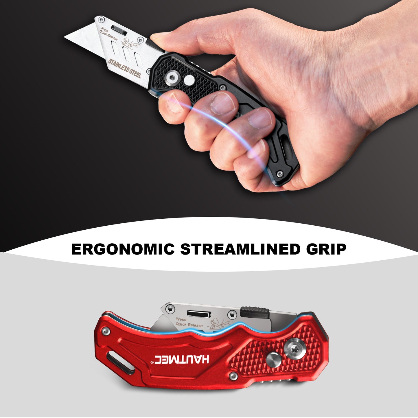 HAUTMEC 3-Pack Folding Utility Knife, Durable Aluminum Box Cutter with Quick-Change Blades & Lock-Back Safety Design, Includes 15 Extra SK5 Blades, HT0429-KN
