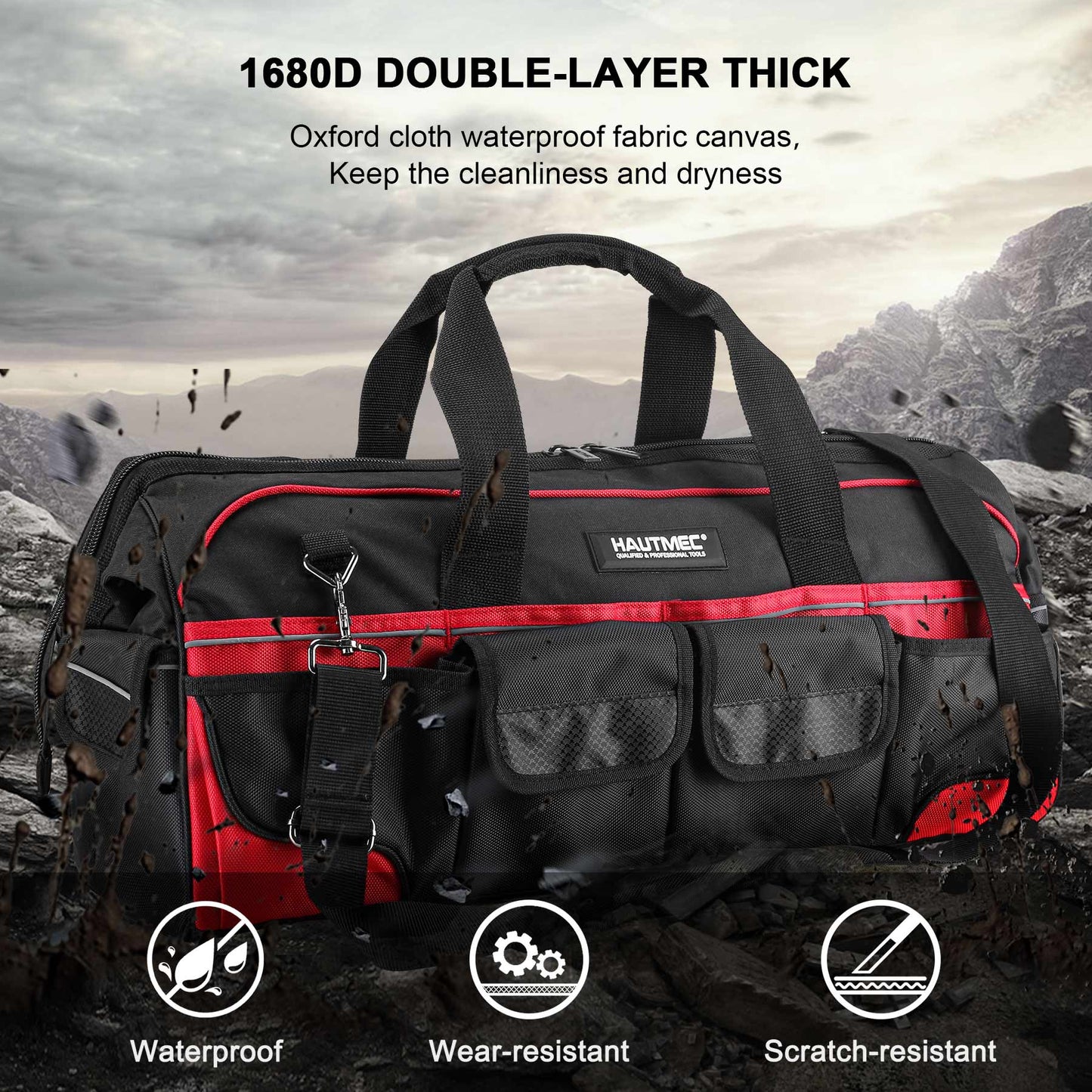 HAUTMEC 24 Inch 1680D Wide Mouth Tool Bag with Level Holder, Heavy Duty Tool Organizer Bag for Various Tools HT0284
