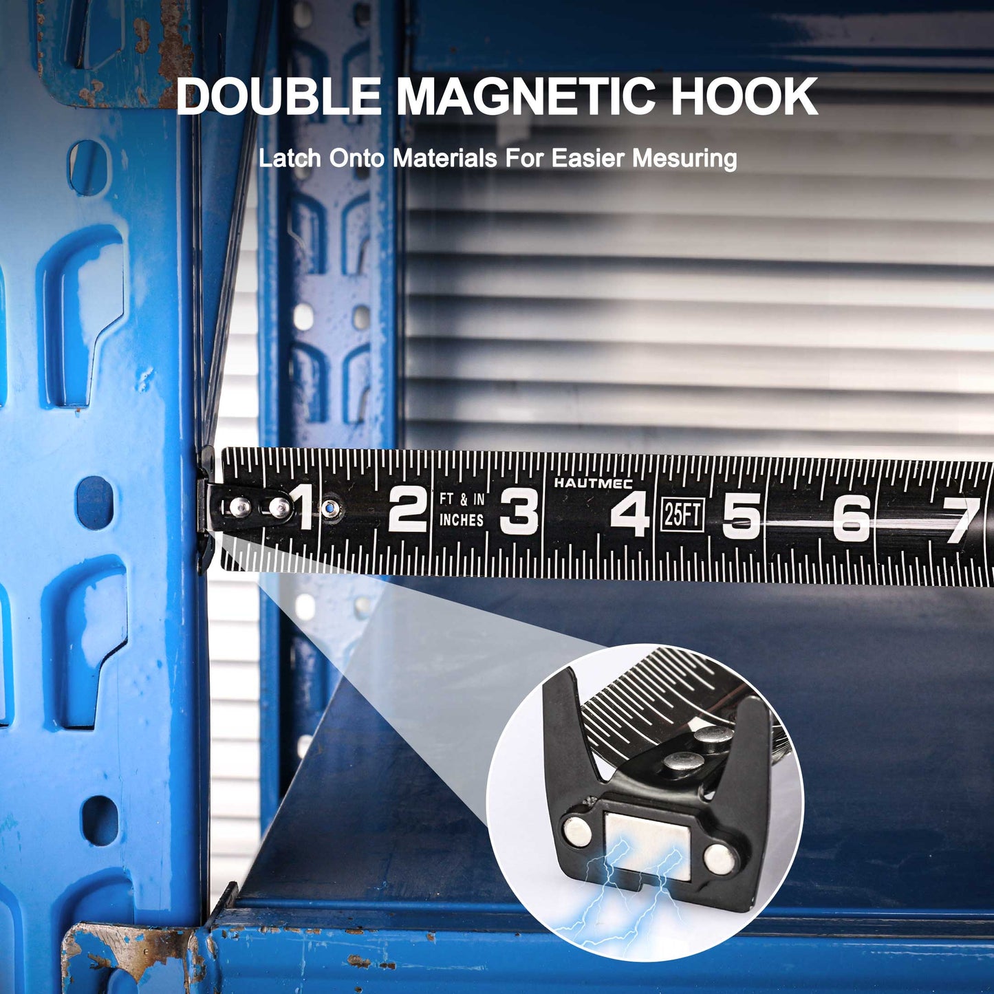 HAUTMEC 25Ft (7.5m) Heavy Duty AutoLock Black Tape Measure, 1 1/4" Wide Black Rigid Blade, Dual Sided Rule Print for Construction, Carpenter, Professionals HT0283-TM