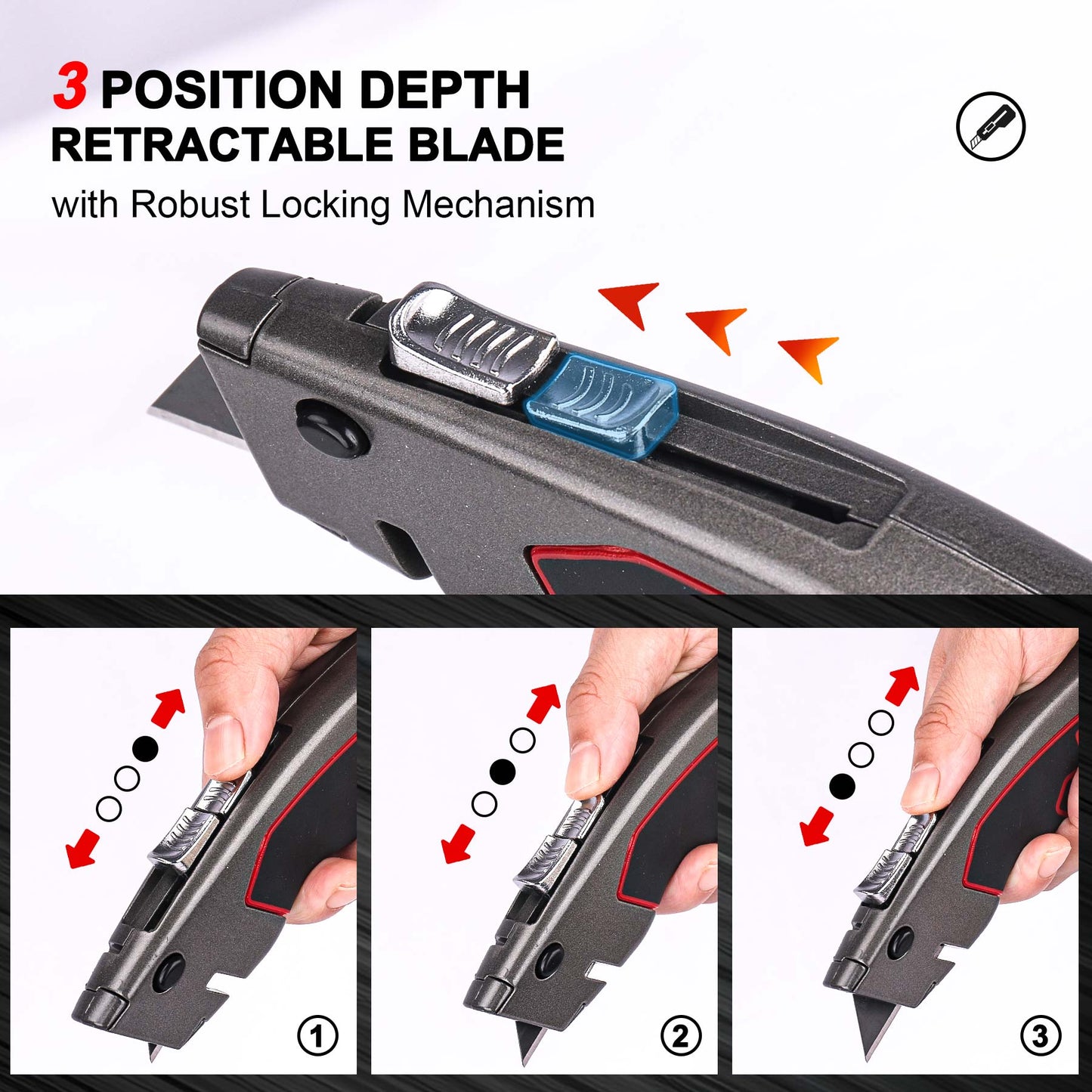 HAUTMEC Heavy Duty Utility Knife With Dual Cutting Mechanism: Safety Auto-Retracting Cutting + Precision 3 Position Depth Tough Cutting, Professional Box Cutter With 3 Black Sk4 Blades, HT0311