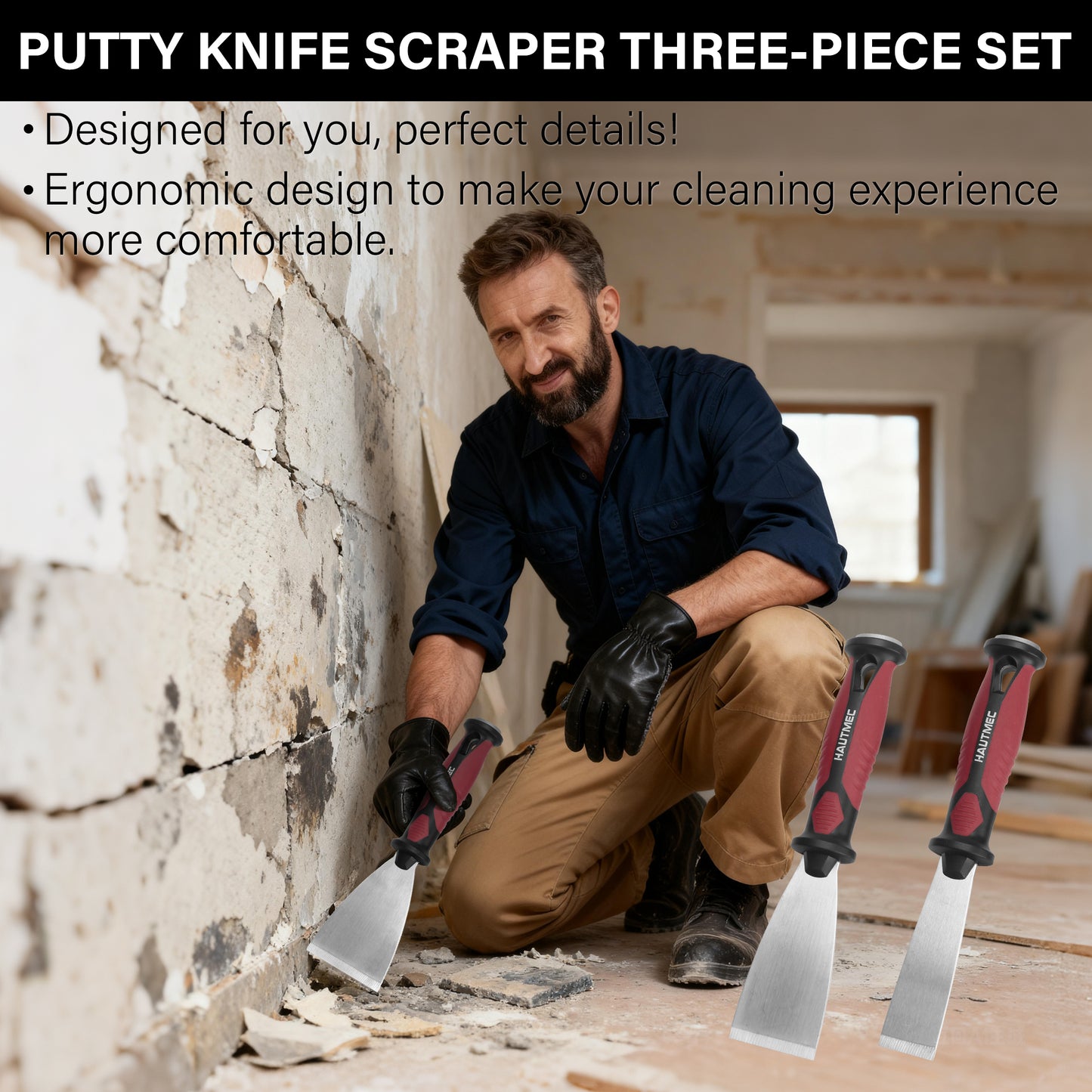 HAUTMEC 3pc Putty Knife Set, 1.25 in - 2 in - 3 in Paint Scraper, Flat Heavy Duty Stainless Steel Blade and Hammer End for Removing Wallpaper for Puttying Plaster, Cement HT0062