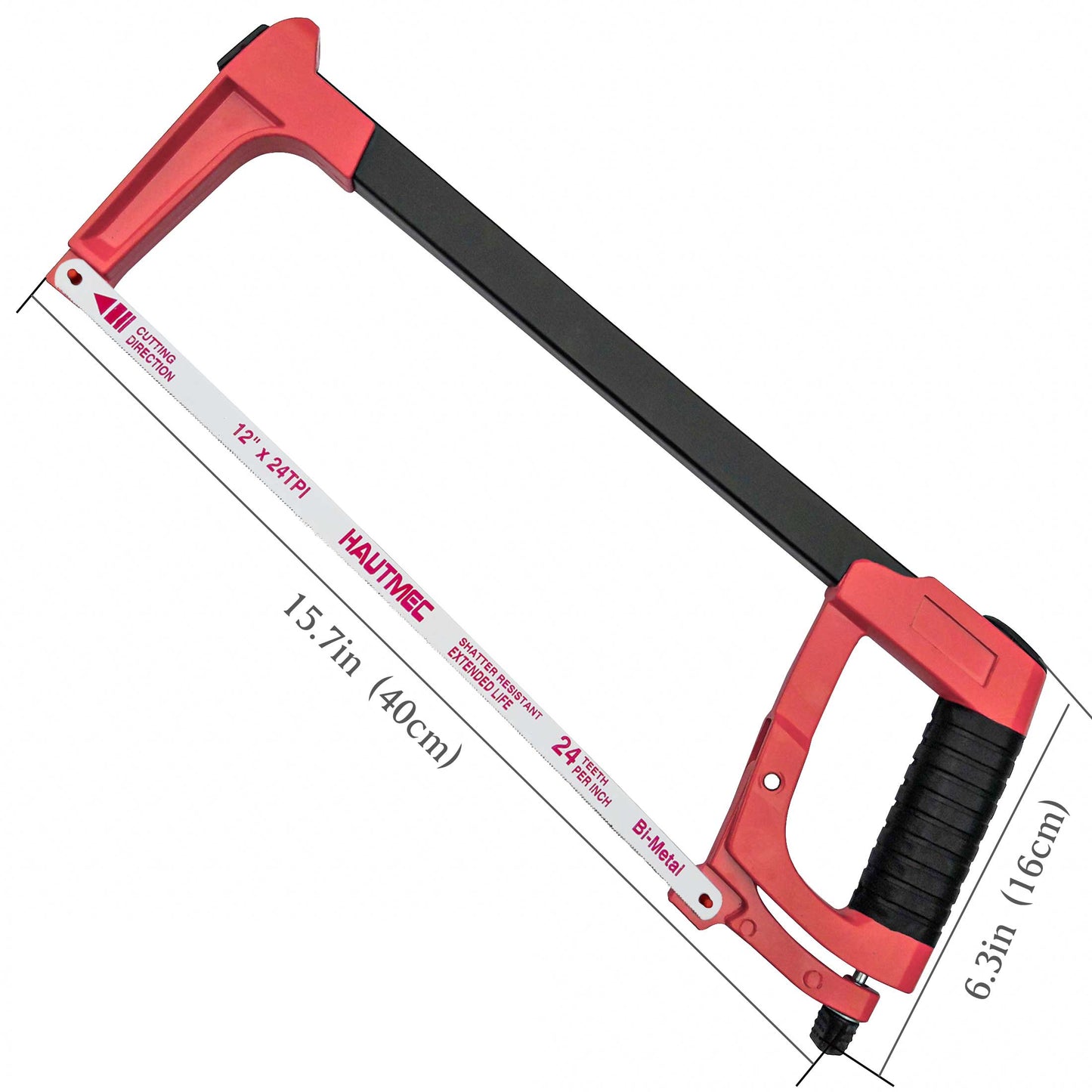 HAUTMEC 12 Inch Adjustable Hacksaw Frame With Blade Cabin, Heavy Duty 45°/90°2 Sawing Angles, 24 TPI High Tension Bi-metal HSS Blade, for Metal, Steel Pipe, PVC, Wood HT0015-CT