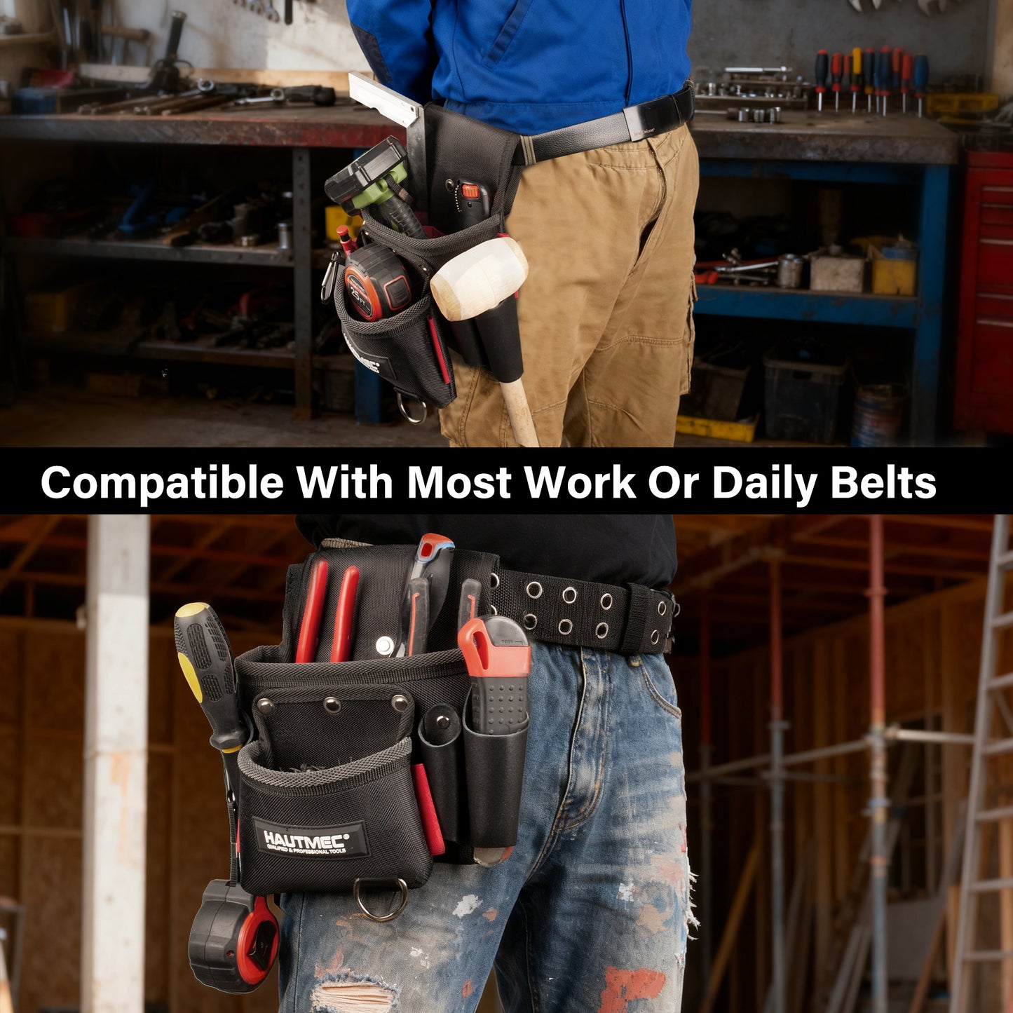 HAUTMEC Heavy-Duty Tool Belt Pouch, 1680D Polyester with Leather Pockets, EVA Reinforced Lining, Multi-Pocket Utility Pouch with Riveted Stress Points, Fits 2-3/4" Belts – HT0411