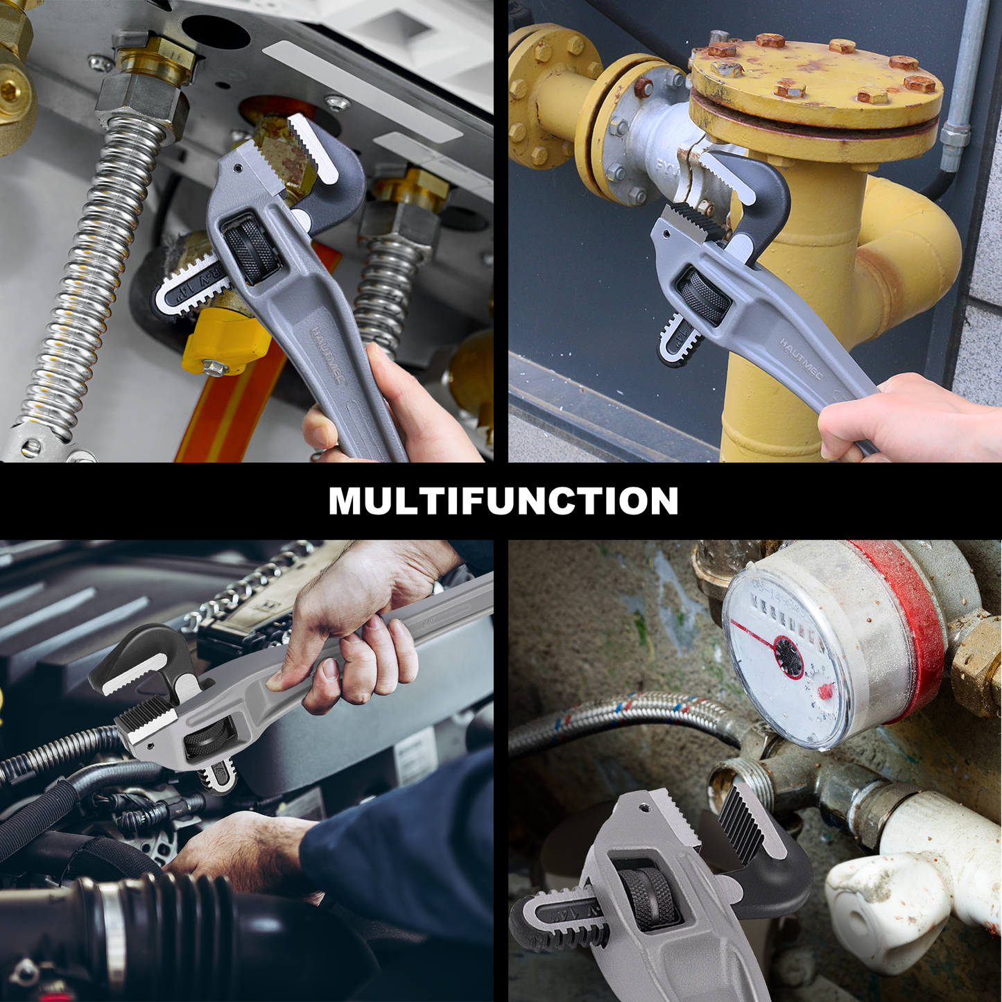 HAUTMEC 14 Inch Aluminum Offset Pipe Wrench, Heavy Duty Adjustable Plumbing Wrench, 2" Jaw Capacity, 40% Lighter Drop Forged Construction, for Use in Tight Spaces HT0189