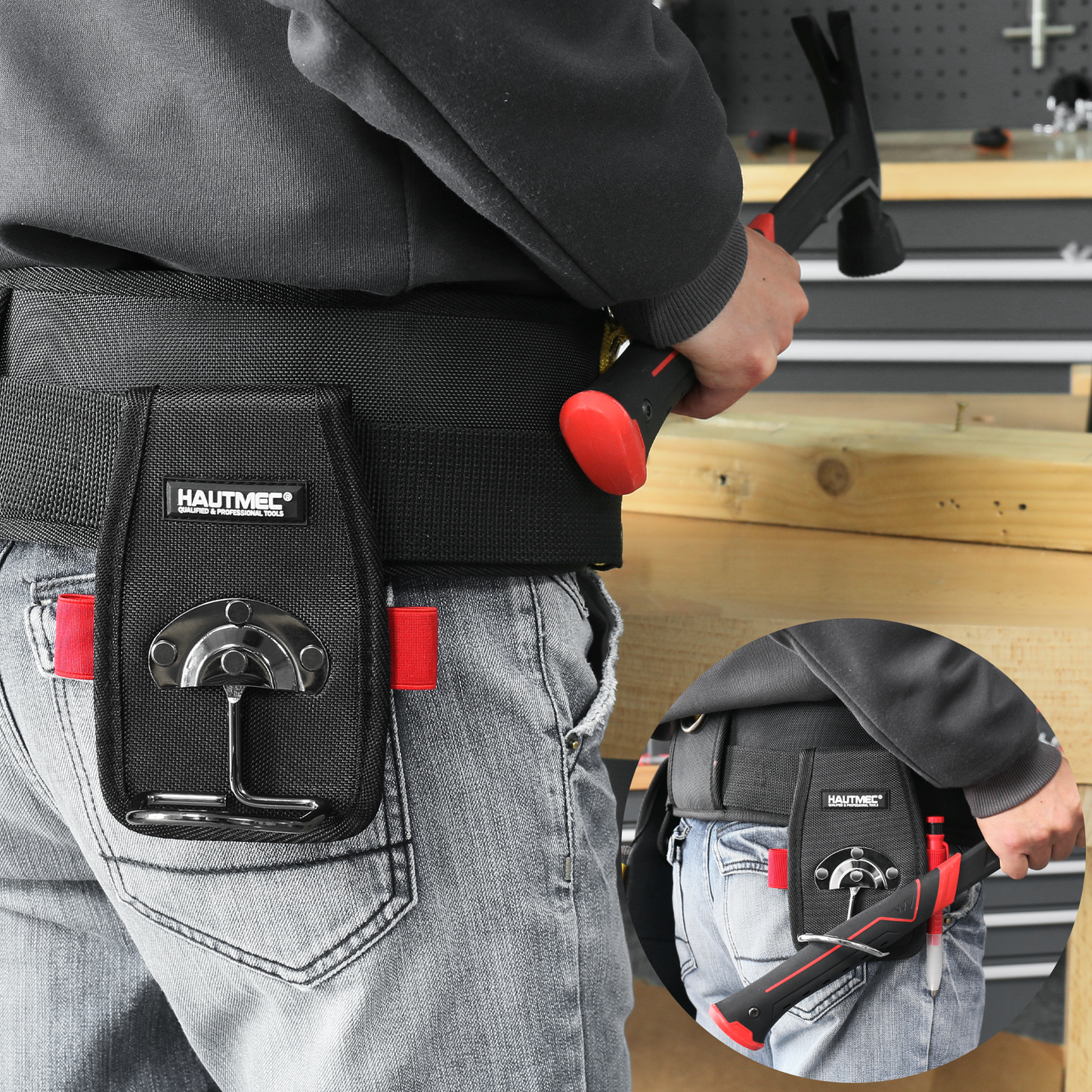 HAUTMEC Hammer Holder for Belt, Hammer Loop for Tool Belt with Swing Hammer Hook Design, 2 Elastic Tool Holders, Heavy-Duty 1680D Material & Strong Rivet for Extra Durability, HT0412