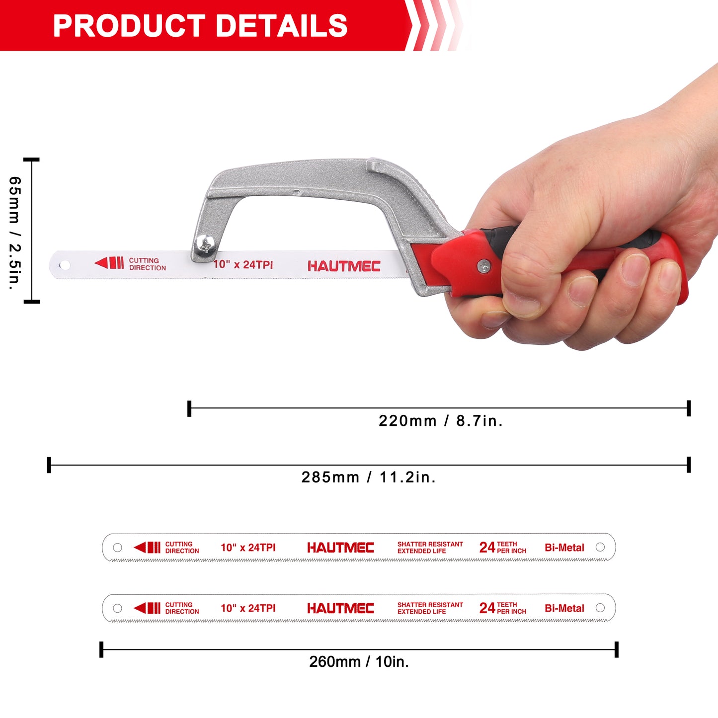 HAUTMEC Mini Hacksaw – Compact Hand Hack Saw Metal Frame With 3 PCS Bimetal HSS Blade, Especially cuts in Tight Hard-Reach Spaces, HT0355-MS