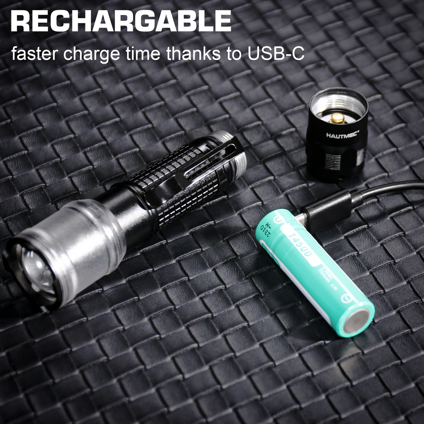 HAUTMEC 700 Lumens LED Flashlight with Zoomable Beam, Rechargeable, Waterproof, Bright Tactical LED Pocket Torch with adjustable 4 Modes for Camping, Outdoor, Hiking, Emergency, HT0377