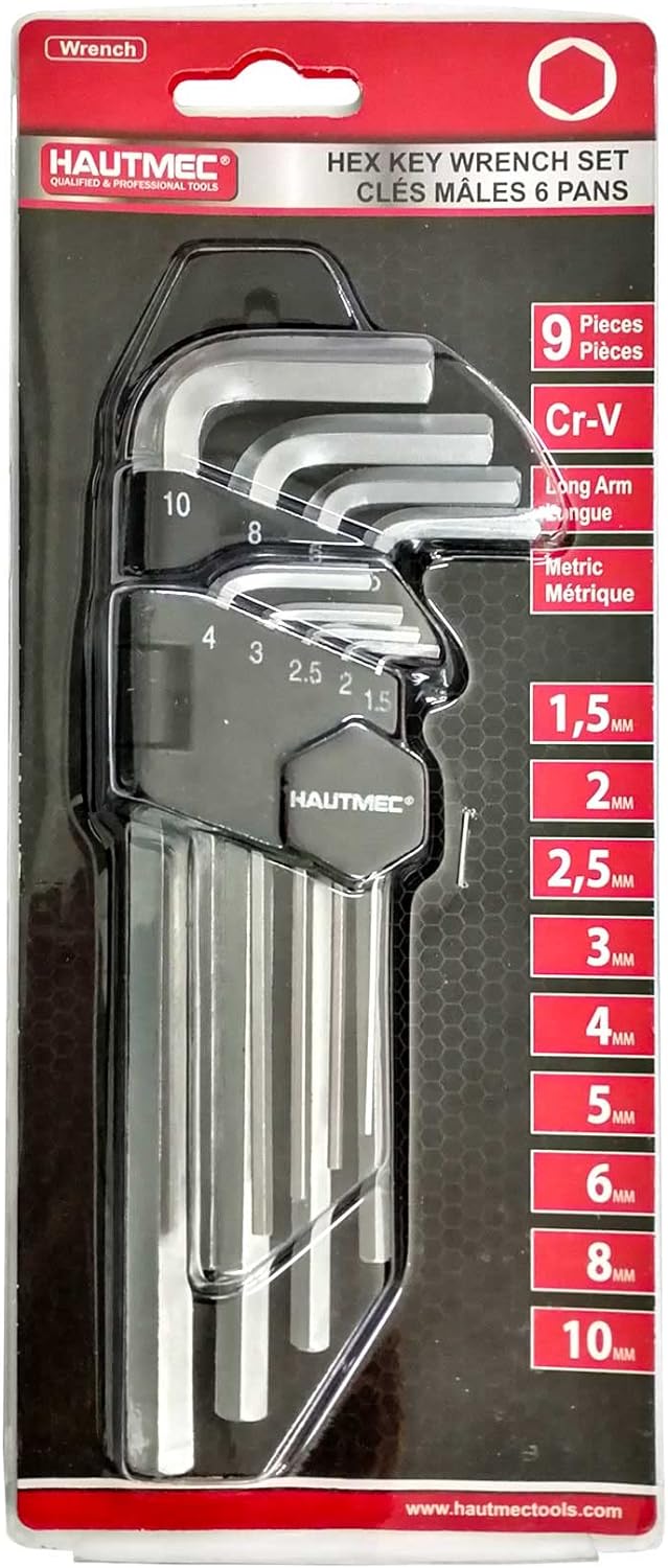 HAUTMEC 9-Piece Hex Key Allen Wrench Set, L Shape Metric Assortment, Chrome Vanadium Steel, Precise and Chamfered Tips, 1.5-10 mm, HT0221-SS
