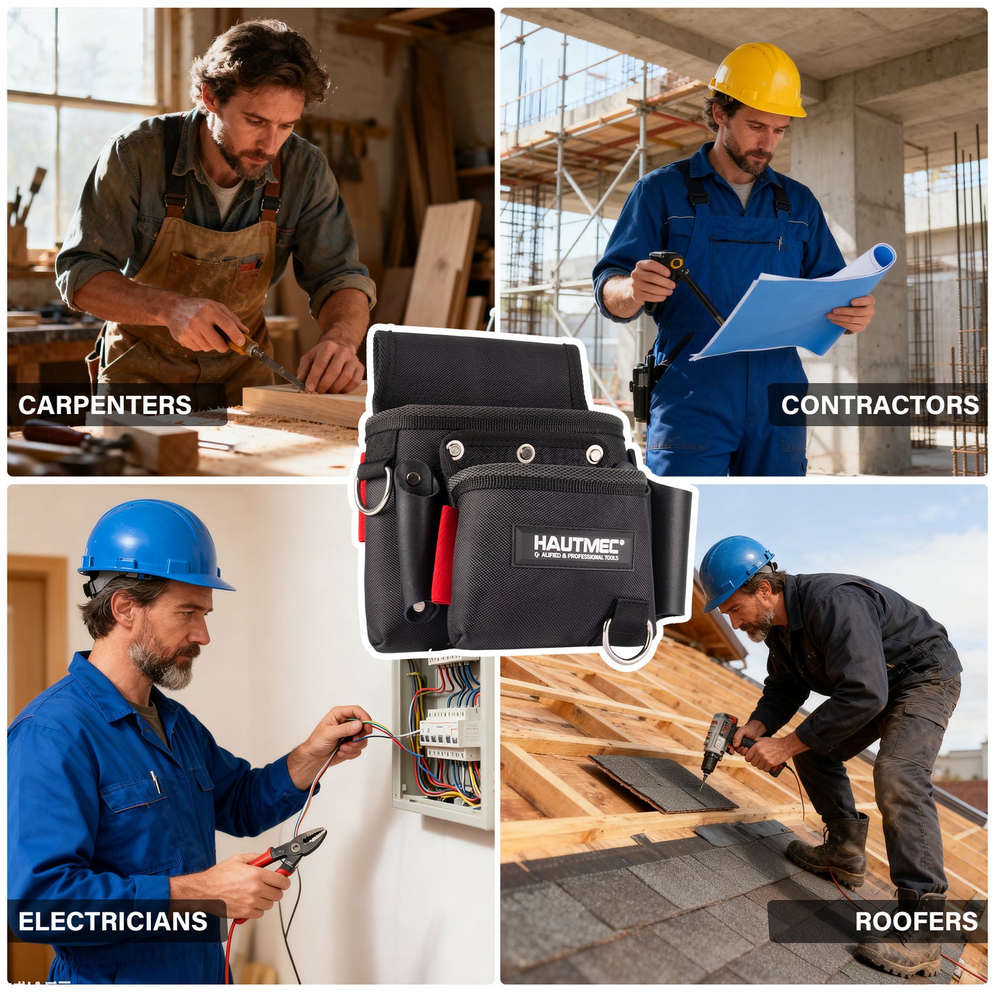 HAUTMEC Heavy-Duty Tool Belt Pouch, 1680D Polyester with Leather Pockets, EVA Reinforced Lining, Multi-Pocket Utility Pouch with Riveted Stress Points, Fits 2-3/4" Belts – HT0411