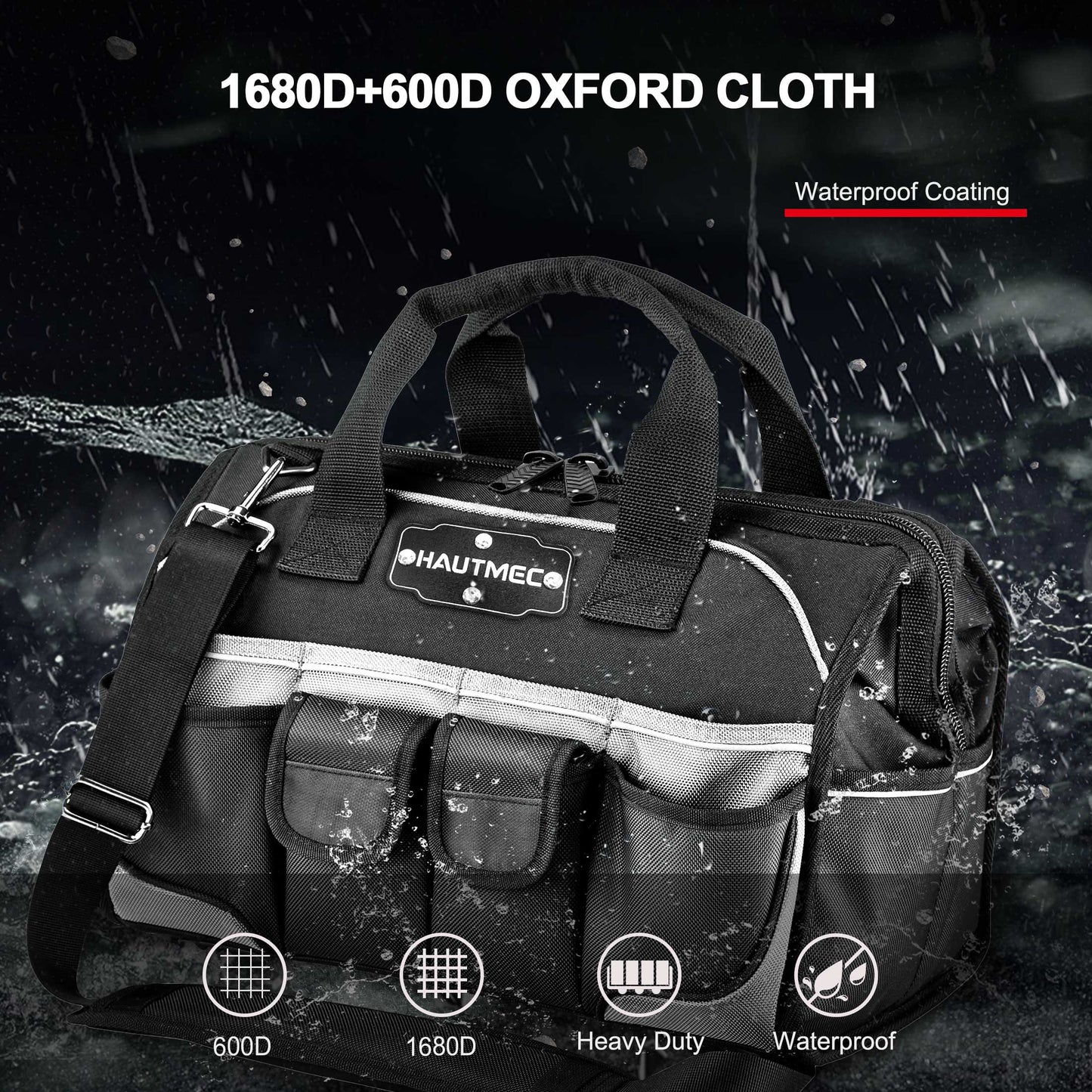 HAUTMEC Pro 16-inch Wide Mouth Tool Bag With 47 Pockets, Water-safe and Strengthened Base, Safety Reflective Straps for Tool Organization And Storage HT0183-TB