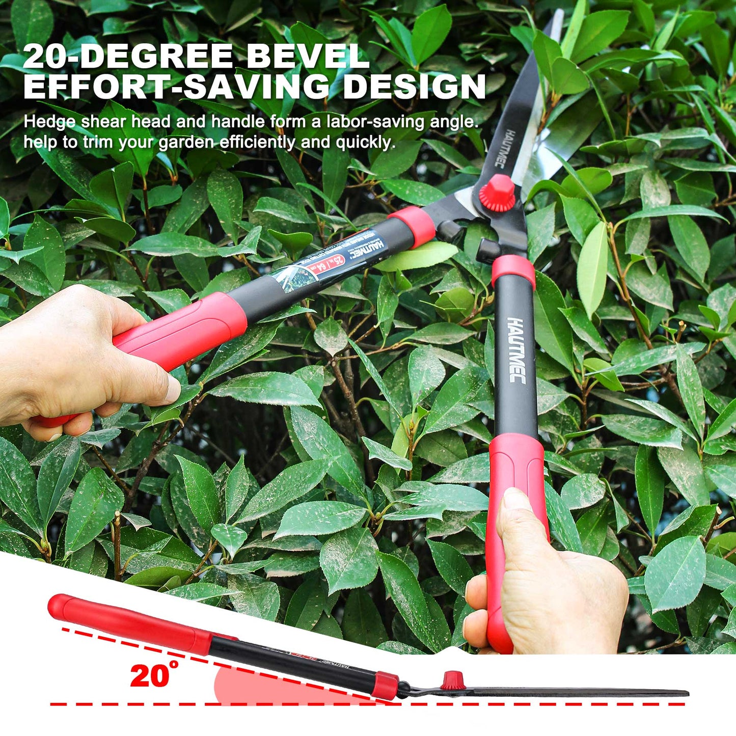 HAUTMEC 25'' Manual Hedge Shears & Clippers with Low Friction Coated Blade and Lightweight Handles, Idea for Trimming and Shaping Borders, Decorative Shrubs and Tall Bushes HT0148