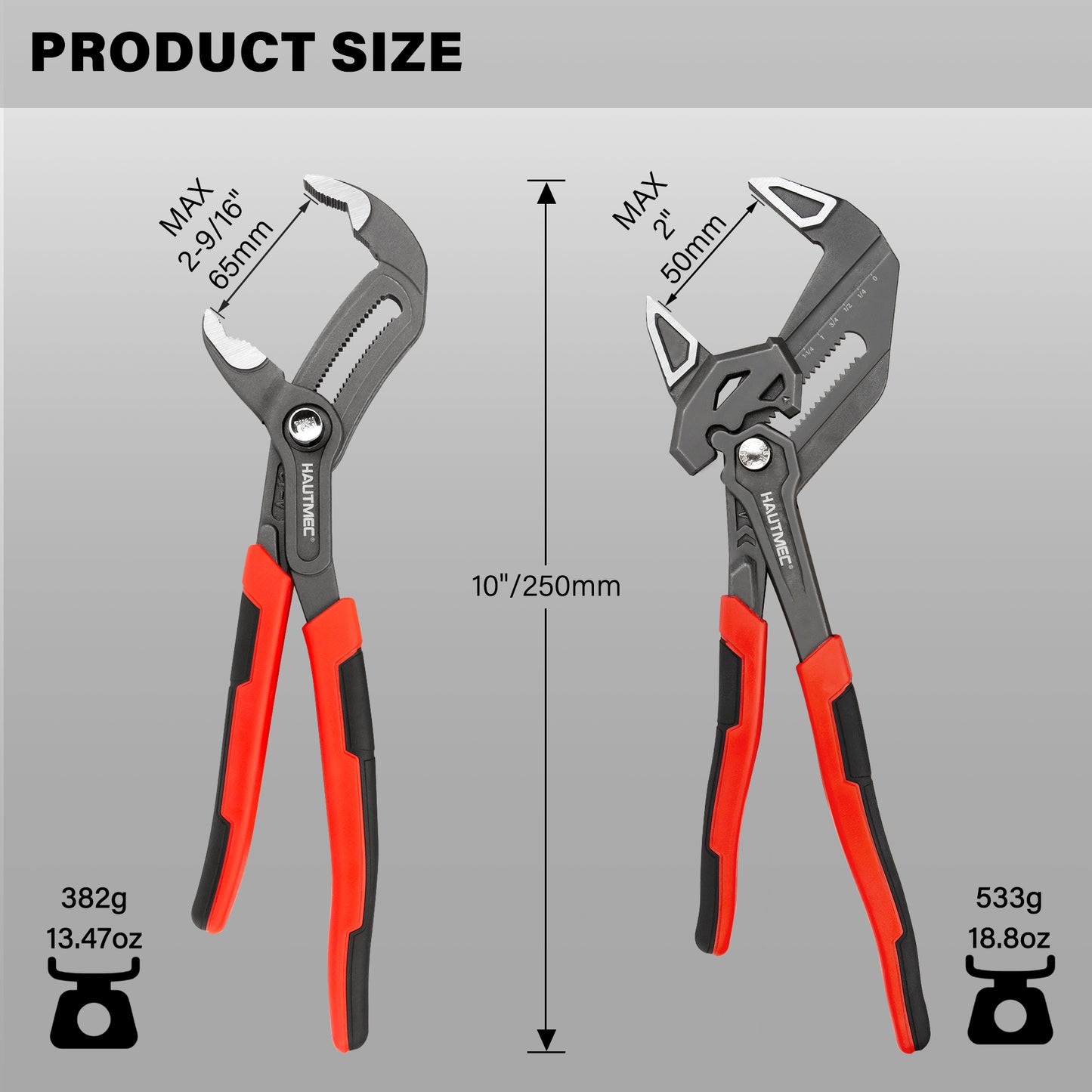 HAUTMEC  2-Piece 10 Inch Adjustable Pliers Wrench & Water Pump Pliers, Parallel Smooth Jaw & V-Jaw, CR-V Steel, Fast Adjustable Tongue and Groove Joint Pliers for Plumbing, Mechanical, Home Repair HTAWH25027