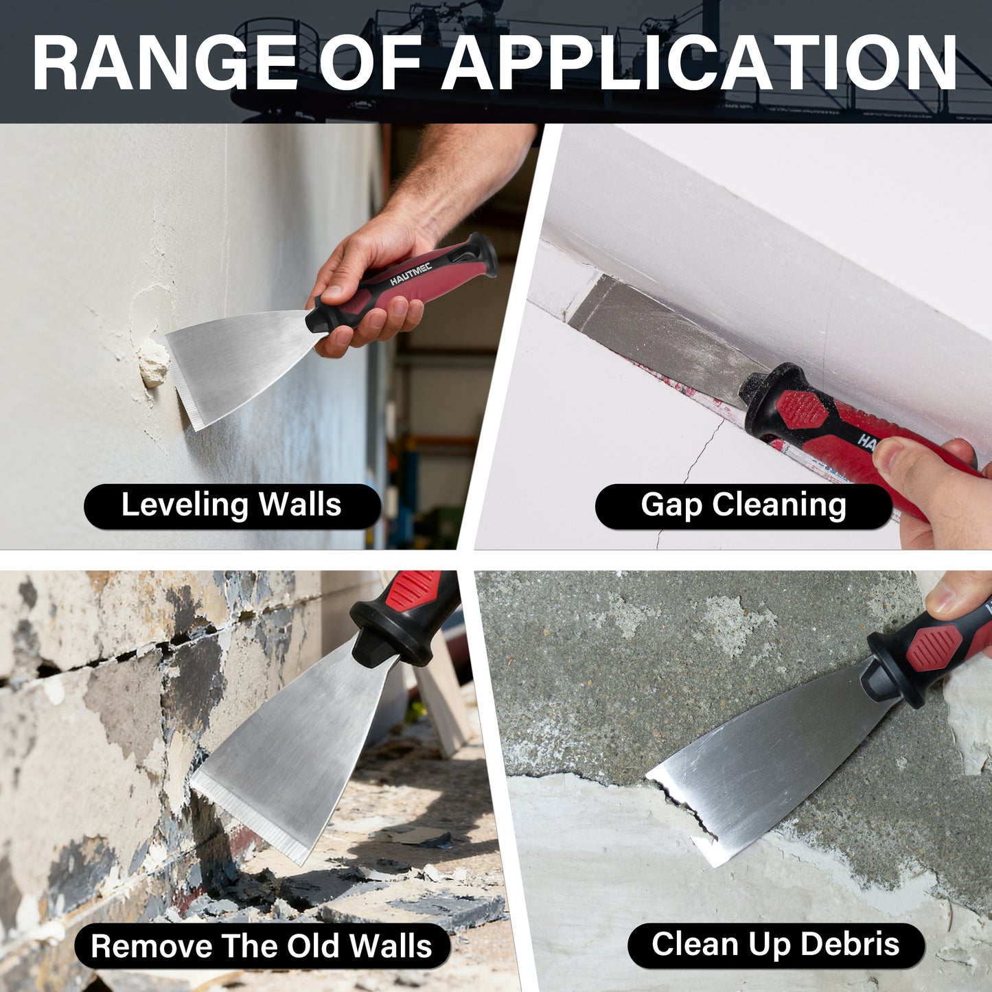 HAUTMEC 3pc Putty Knife Set, 1.25 in - 2 in - 3 in Paint Scraper, Flat Heavy Duty Stainless Steel Blade and Hammer End for Removing Wallpaper for Puttying Plaster, Cement HT0062