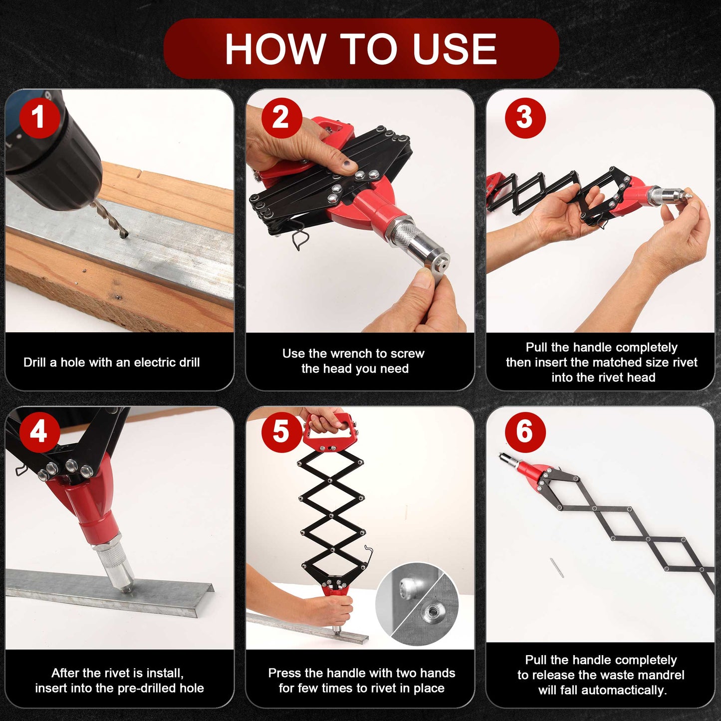 HAUTMEC Expert Heavy-Duty Lazy Tong Pop Riveter With 5 Replaceable Nosepieces, Single pull Action Riveter, Fast Riveting for industrial use HT0130-HR