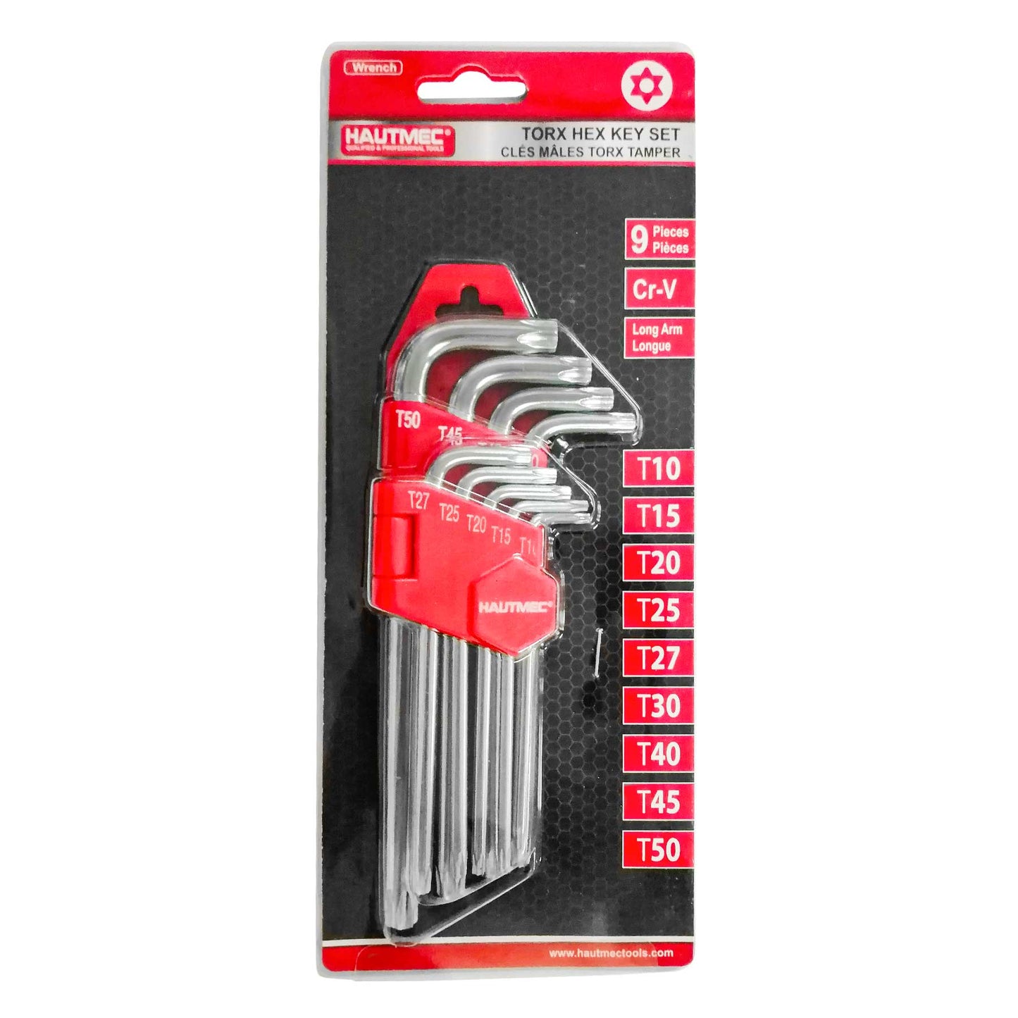 HAUTMEC Star Key Wrench Set, 9-Piece Torx Star Wrenches- Chrome Vanadium Steel and Drilled tips for Tamper Resistant Fasteners, HT0222-SS