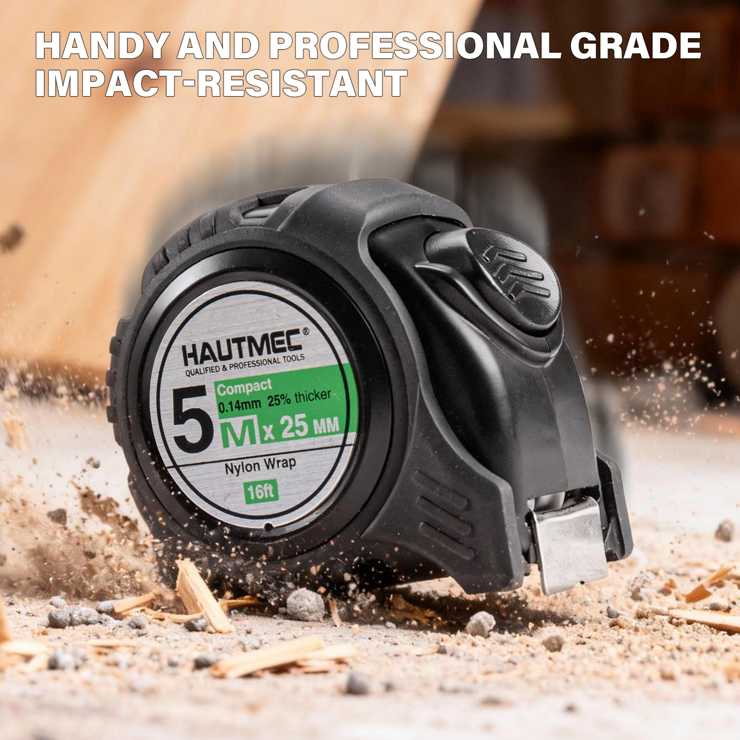 HAUTMEC Tape Measure 16ft/5m Dual Scale Metric Measuring Tape, Auto-Lock with Nylon Coated Blade & Rubber Case, for Construction, Woodworking, DIY HT0100