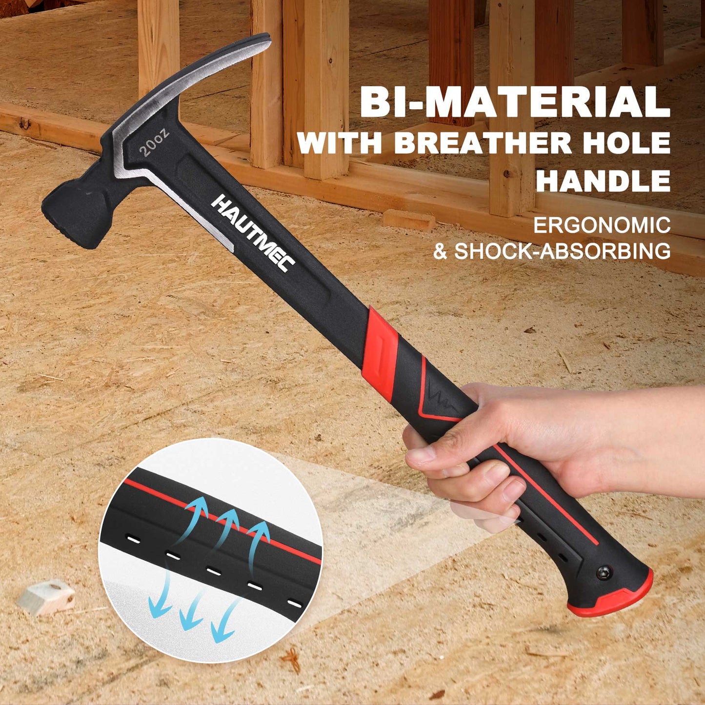 HAUTMEC 20 oz. One Piece Forged Framing Hammer With Straight Rip Claw, Milled Face, Shock-Absorbing Grip, with Magnetic Nail Holder, HT0371-HM