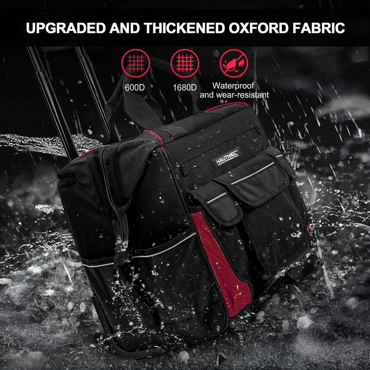 HAUTMEC 14.5" Rolling Tool Bag With Wheels Portable Tool Bag With Adjustable Telescoping Handle Wide Mouth Storage Organizer Perfect Mens Gifts, 600D Red, HT0179