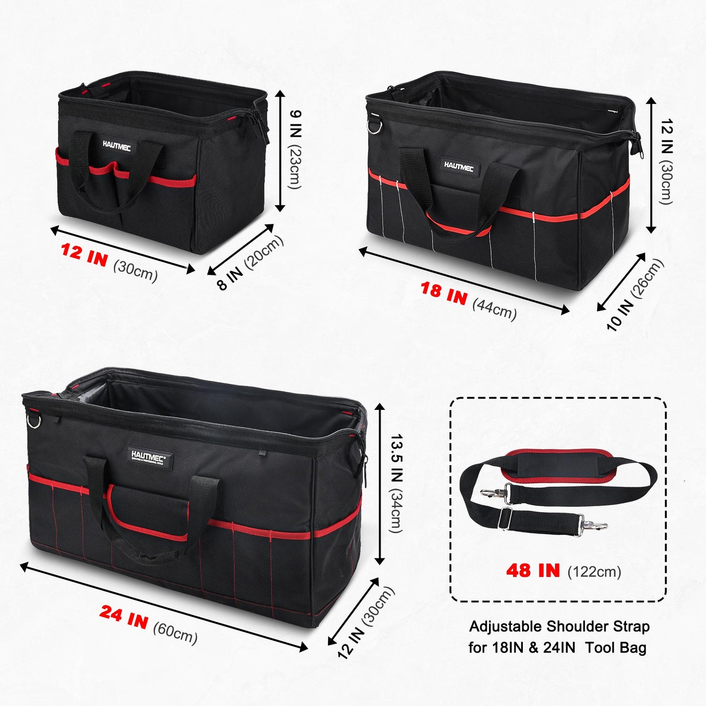 HAUTMEC 3PCS Wide Mouth Tool Bags Set, Heavy Duty Tool Bag with Large Capacity and Waterproof Base,12-inch Small Tool Bag,18-inch Medium Toolbag,24-inch Large Tool Storage Bag for Construction HT0297