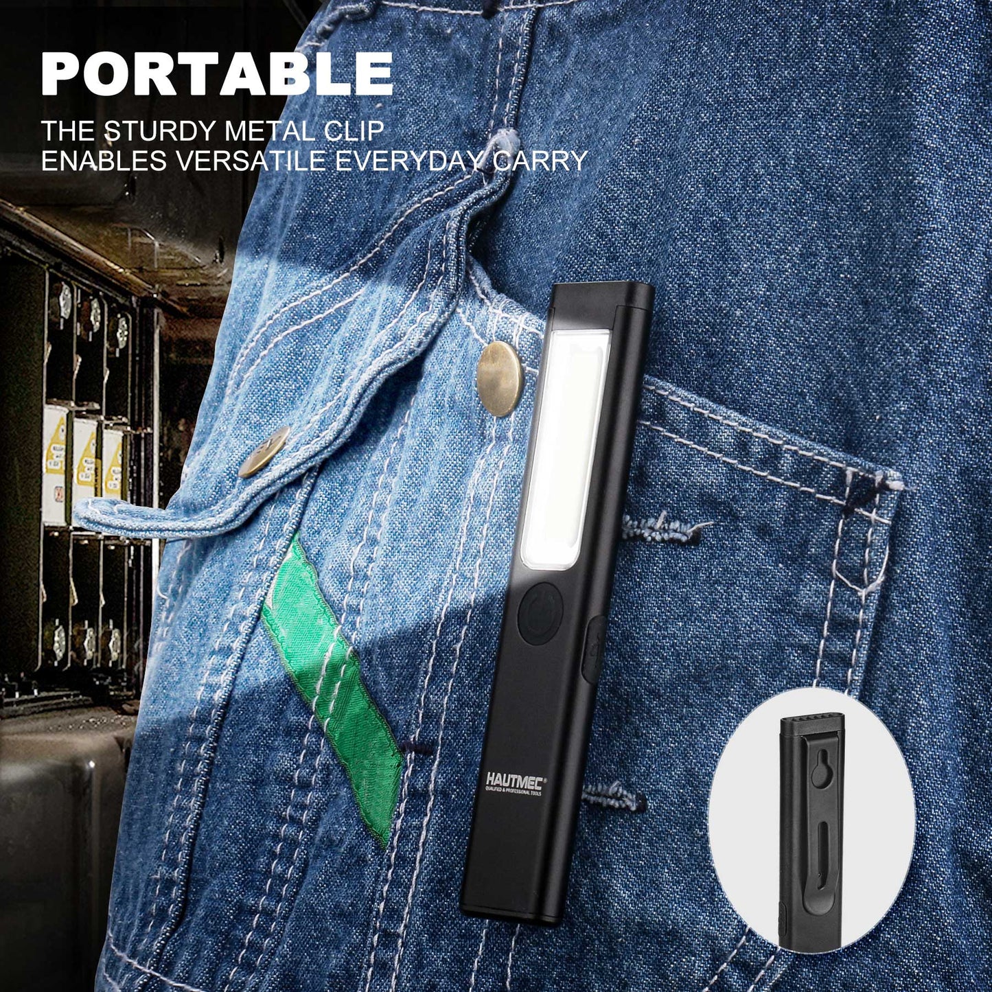 HAUTMEC EDC Flashlight Rechargeable 200 Lumens Magnetic Pocket Flashlight Slim Flat Flashlight 3 Modes Mini Led Flashlight for Work Light HT0379