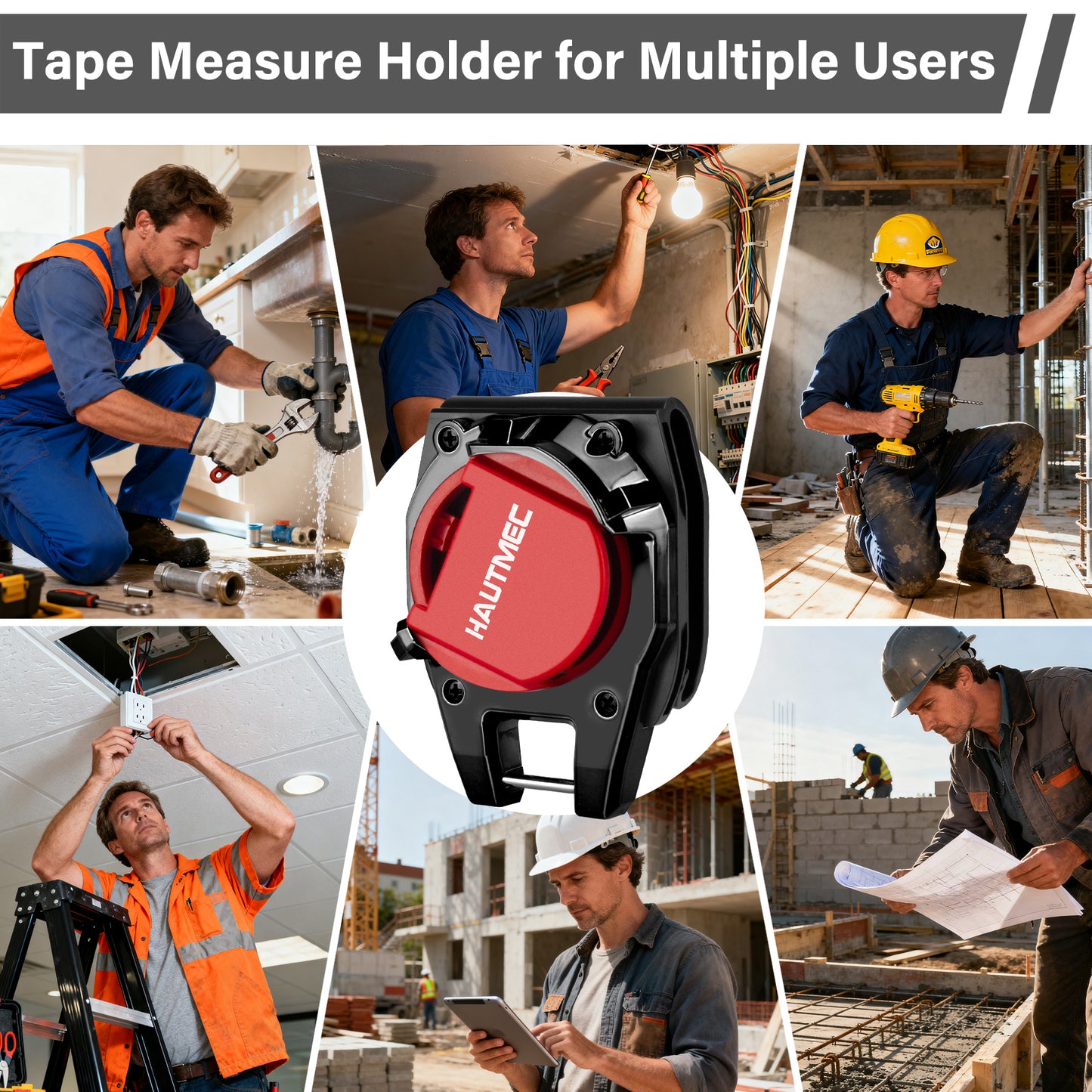 HAUTMEC Tape Measure Holder for Tool Belt Clip,Widen Locking Belt Clip up to 2-1/8" with Rotating Latch Tape Measure Clip Compact & Portable Measuring Tape Holder HTMEM25049