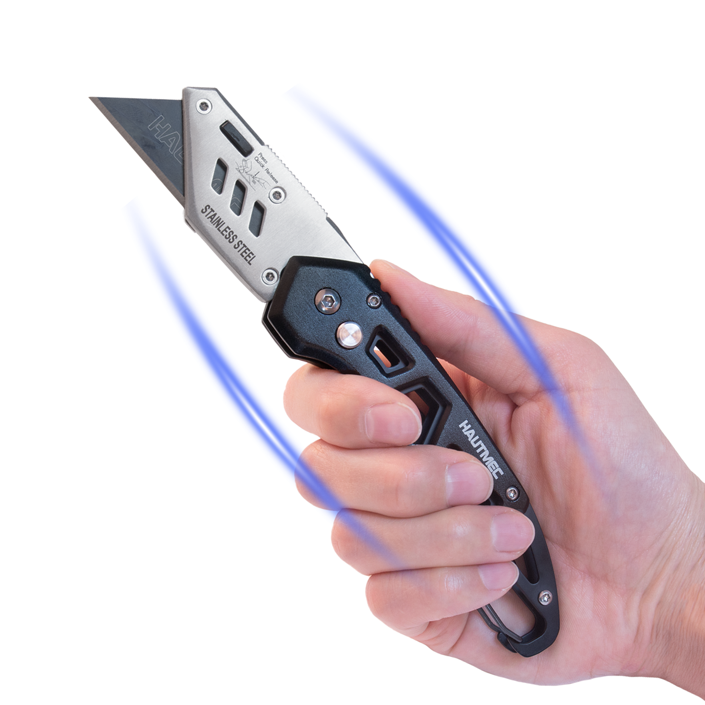 HAUTMEC Folding Utility Knife with 10-Pack SK2H Blades, Heavy-Duty Aluminum Alloy Box Cutter with Belt Clip, Carabiner, Quick-Change Blades & Safety Lock – HTUCH25002