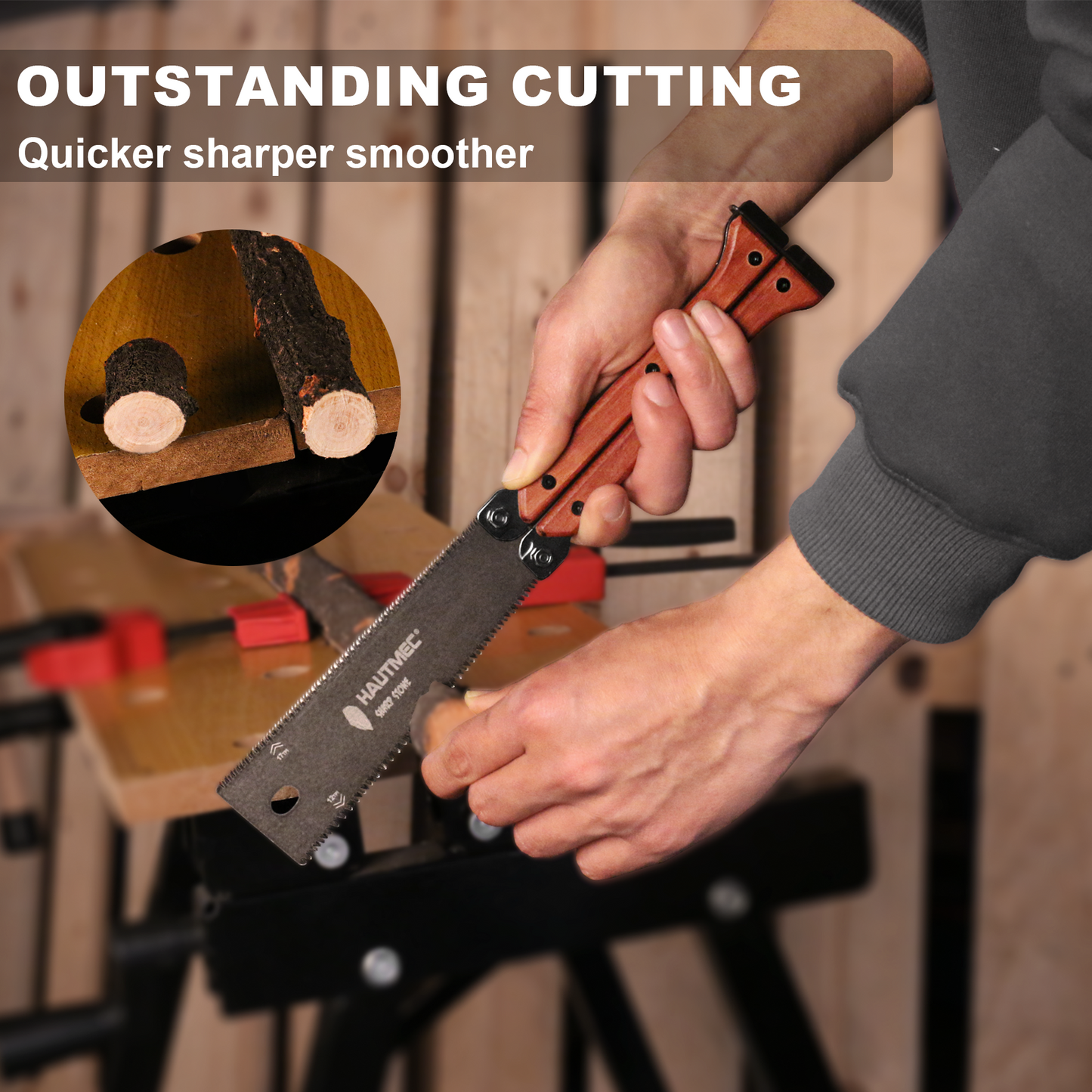 HAUTMEC 6-Inch Japanese Pull Saw, Double-Edged Folding Hand Saw with SK5 Flexible Blade (12/17 TPI), Beech Handle, Flush Cut Woodworking Tool with Portable Drawstring Pouch – HT0446