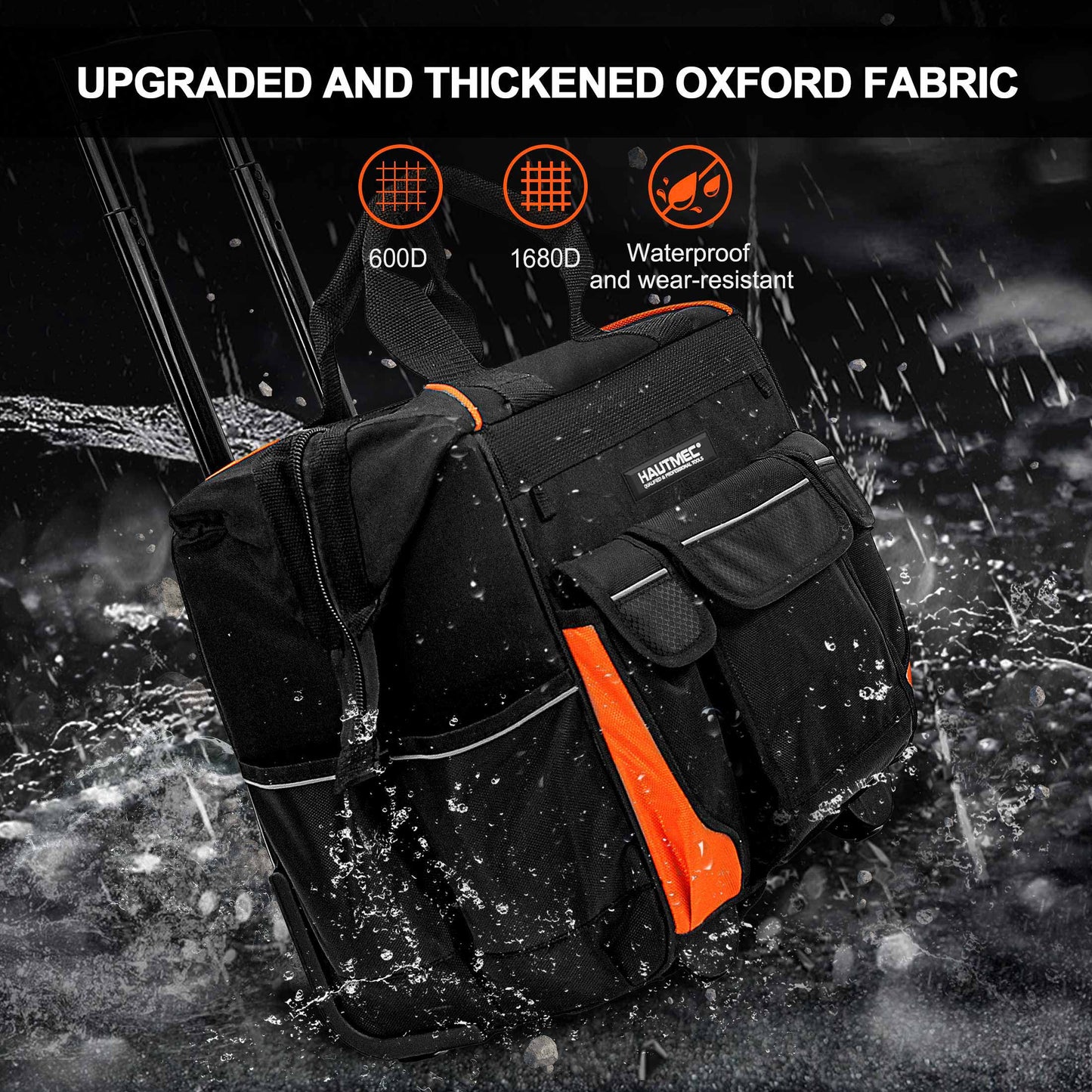 HAUTMEC 14.5" Rolling Tool Bag With Wheels Portable Tool Bag With Adjustable Telescoping Handle Wide Mouth Storage Organizer Perfect Mens Gifts, 600D Orange,HT0353