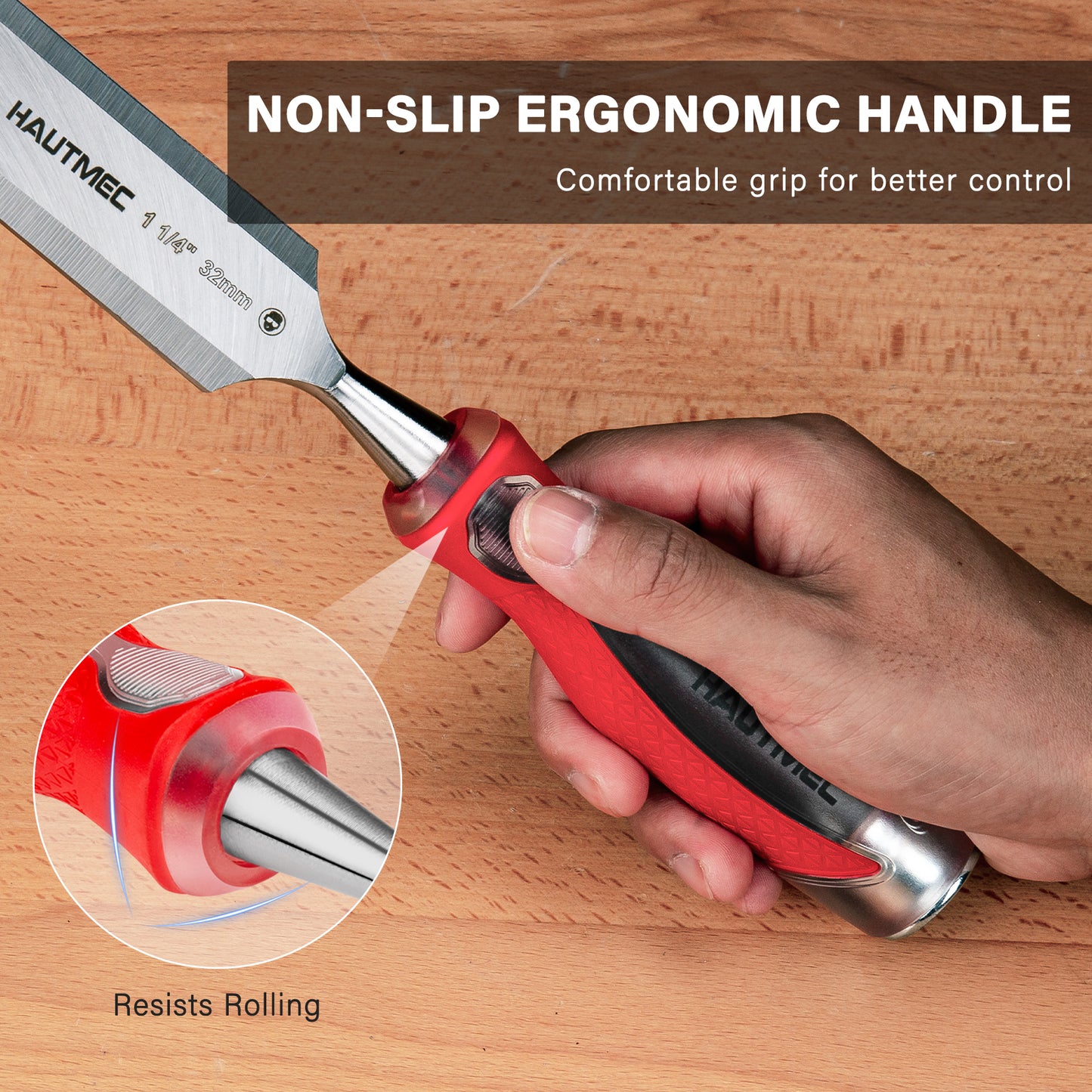 HAUTMEC 1/2" Wood Chisel for Woodworking & Carving. Drop-Forged CR-V Steel Beveled Edge Blade with Ergonomic Non-Slip Handle and Heavy-Duty Strike Cap, HT0360