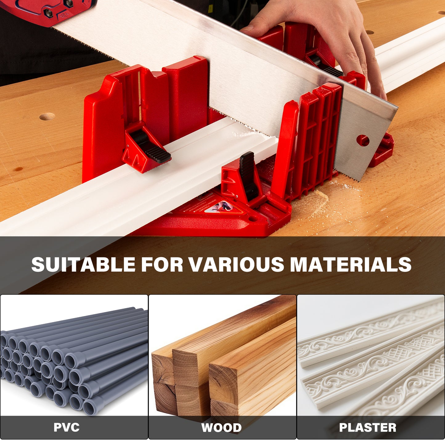 HAUTMEC 14 Inch Clamping Miter Box with Adjustable Jaw & 4 Anti-Slip Clamps, Heavy Duty ABS Mitre Saw Box with 22.5°, 45°, 90° Cutting Angles for Woodworking, Trim, Frames, DIY Projects – HTHDM25036