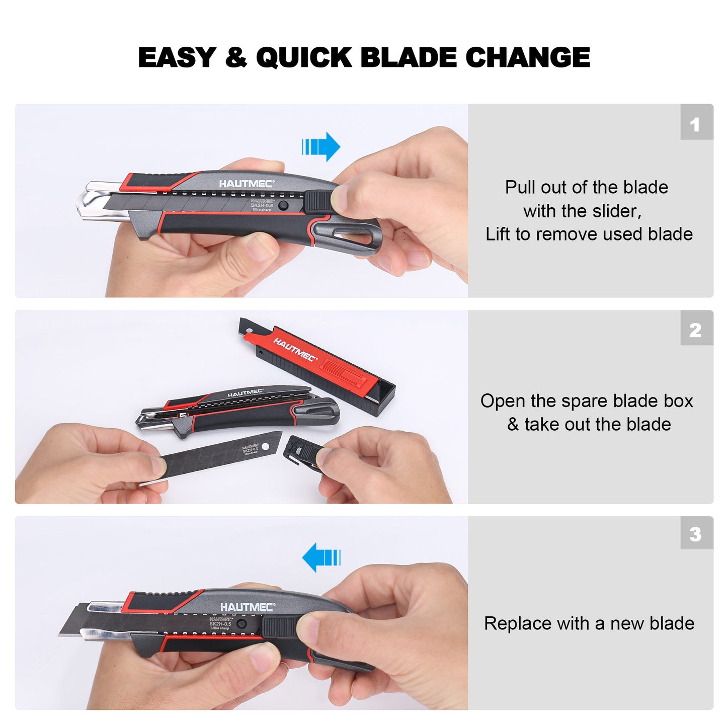 HAUTMEC Heavy Duty Utility Knife Box Cutter 18mm In Alluminum Alloy Shell, with Extra Ultra Sharp Black Sk2H 10 Blades in Safety Dispenser, Retractable and Auto-lock, HT0413-KN