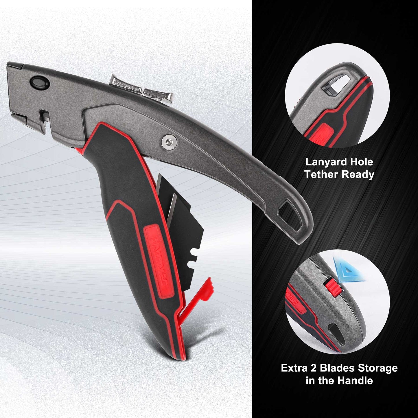 HAUTMEC Heavy Duty Utility Knife With Dual Cutting Mechanism: Safety Auto-Retracting Cutting + Precision 3 Position Depth Tough Cutting, Professional Box Cutter With 3 Black Sk4 Blades, HT0311