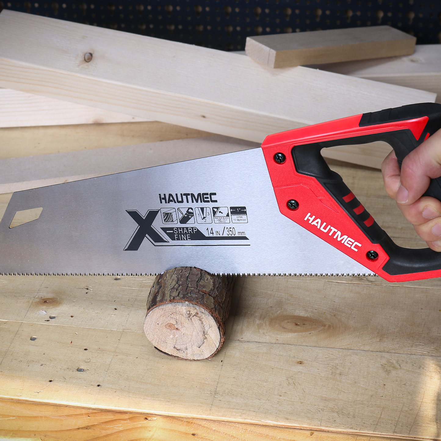 HAUTMEC 14 in. X-Sharp Hand Saw, 12 TPI Woodworking Handsaw, Soft-Grip Sharp SharpTooth for Cutting and Sawing Trees, Plastic Pipes, Drywall HT0295-WS